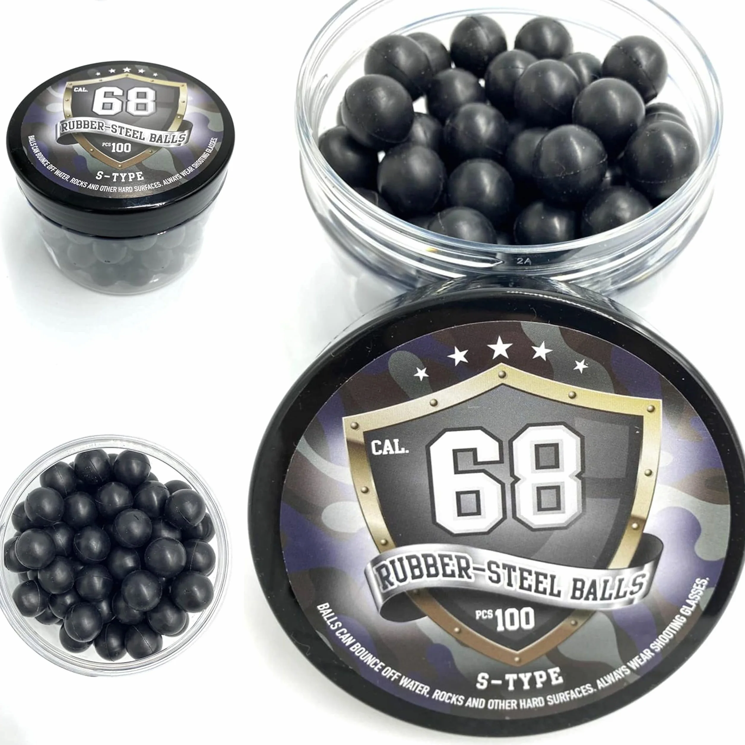 S-Type 68 Caliber 100x Bolas Acero Gomma Maciza Paintball Rubber Steel Balls for HDS HDR T4E
