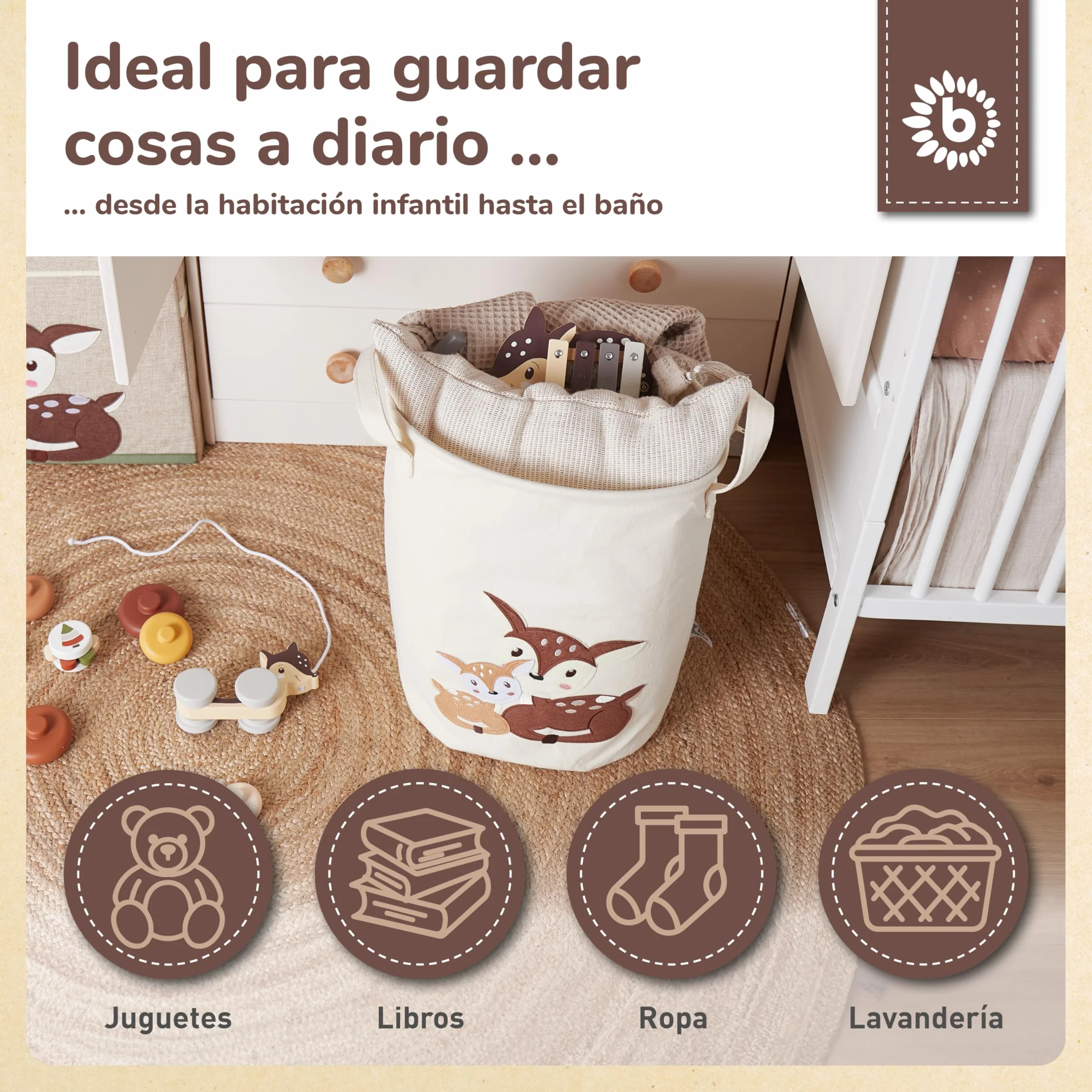 Bieco Cesto de la Ropa para Bebés Ciervos | Cesta de Almacenamiento de Algodón Resistente al Agua para Habitación Infantil