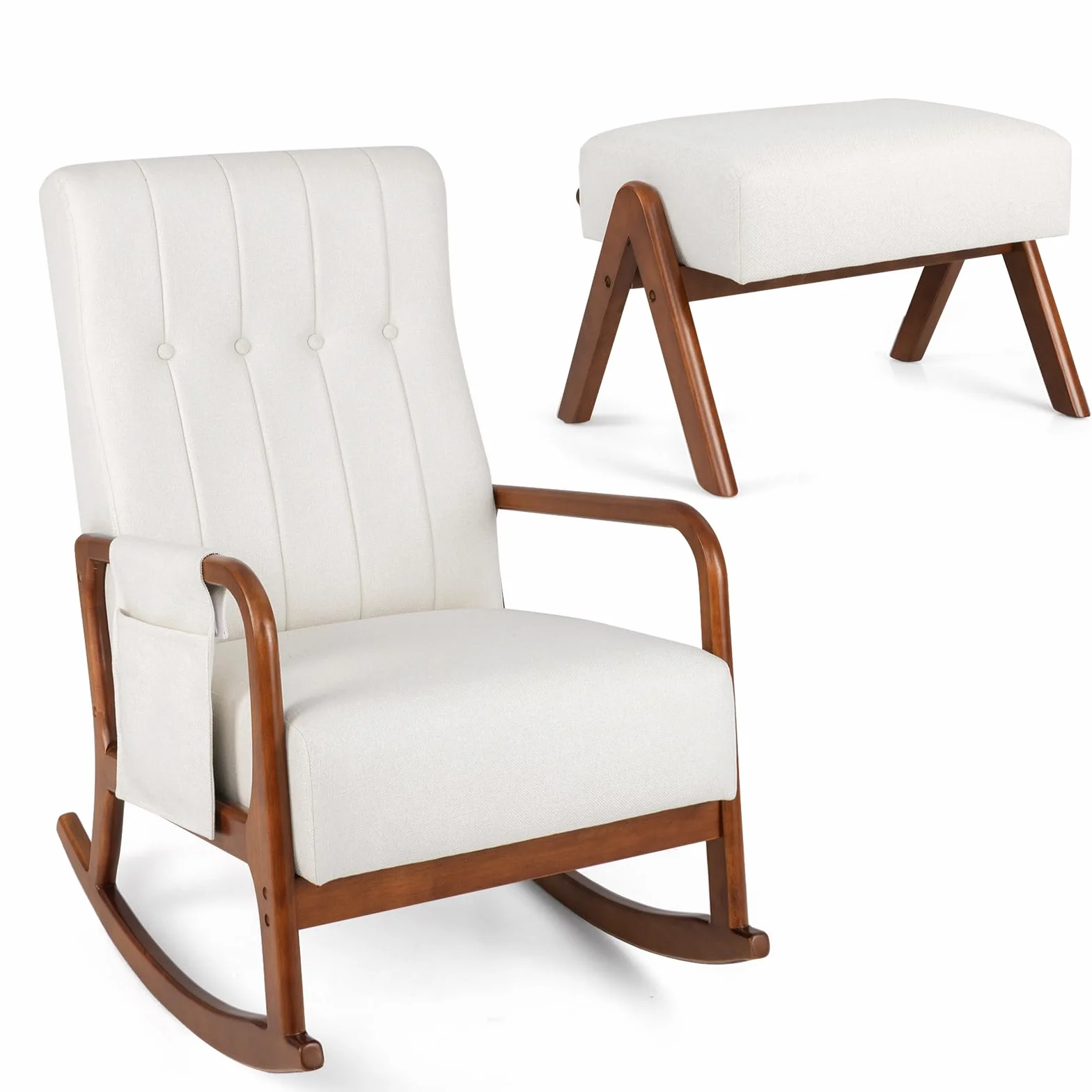 HOMASIS Silla Mecedora con Reposapiés y Bolsillo, Juego de Sillón Balancín con Reposabrazos y Estructura de Madera Maciza, Silla de Lactancia para Salón, hasta 150 kg, 97 x 65 x 104 cm (Beige)