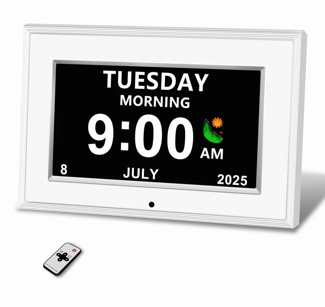 Reloj despertador digital para personas mayores, pantalla HD sin abreviatura, atenuación automática, marco de fotos, ajuste DST de ruido blanco, para ancianos (7 pulgadas, blanco)