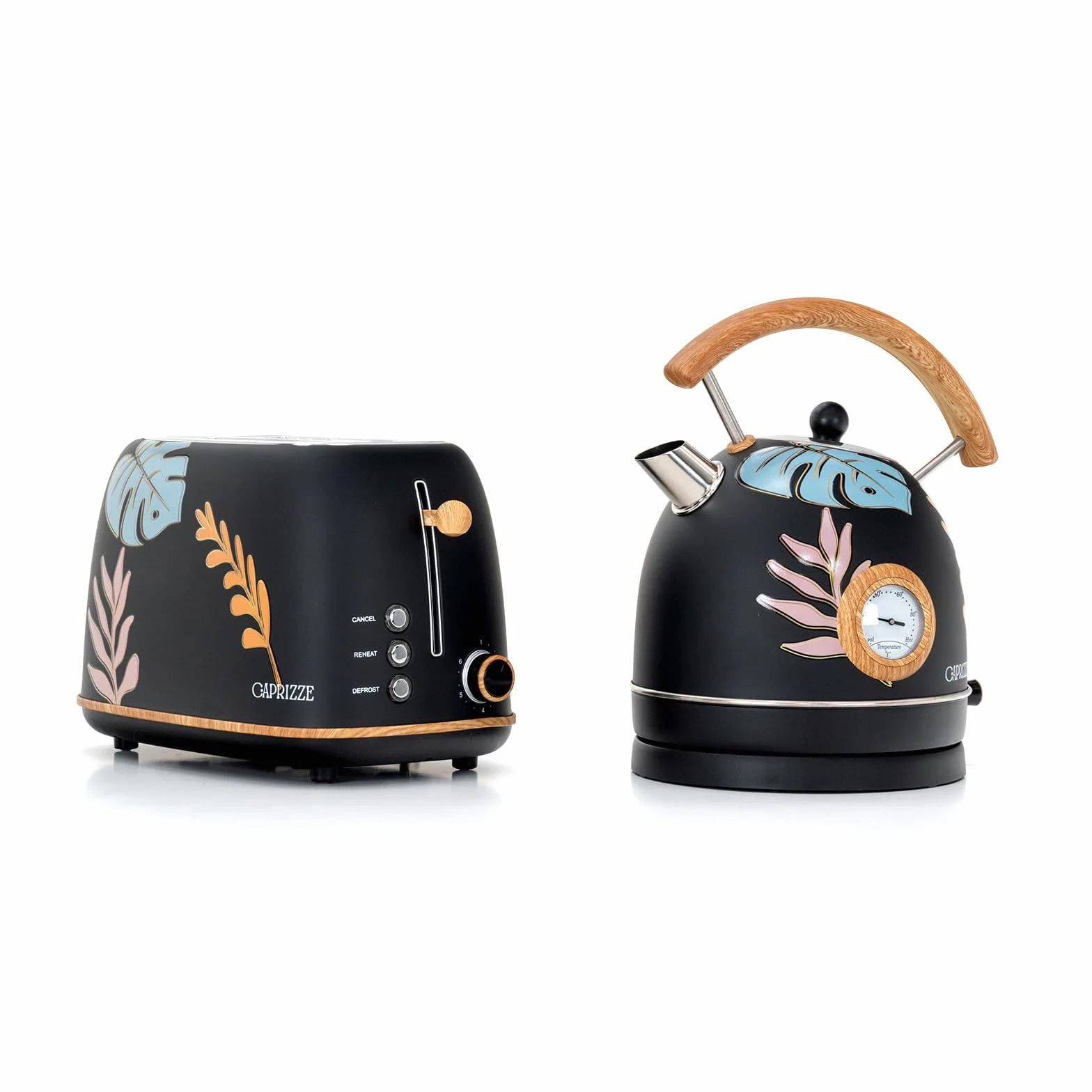 Pack Tostadora de Pan Caprizze Kaito con Doble Ranura Extra Ancha y Hervidora Nara Color Negro Mate Floral Diseño Retro Vintage