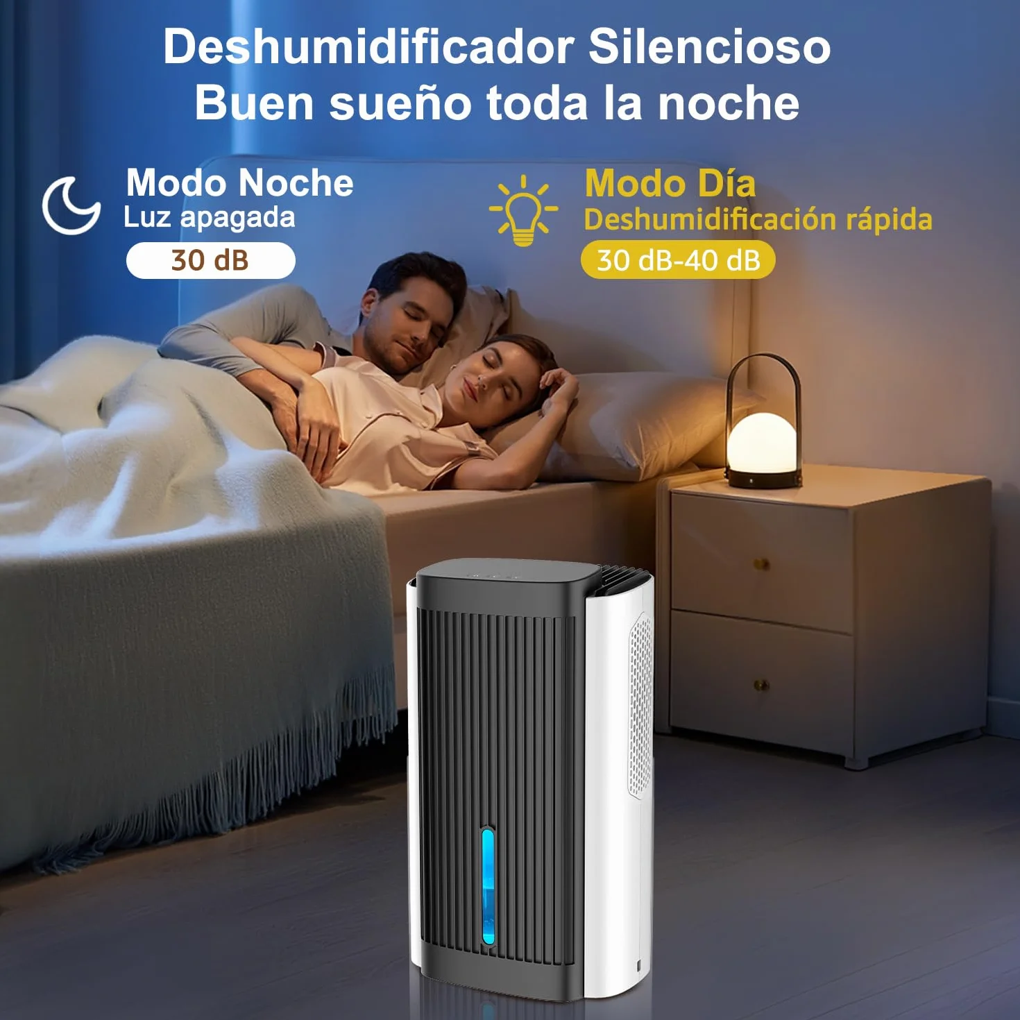 Deshumidificador Eléctrico 1,1 L – Deshumidificador Silencioso < 28 dB con Apagado Automático, Modo Sueño & Luz Nocturna, para Hogar, Baño y Sótano (blanco y negro)