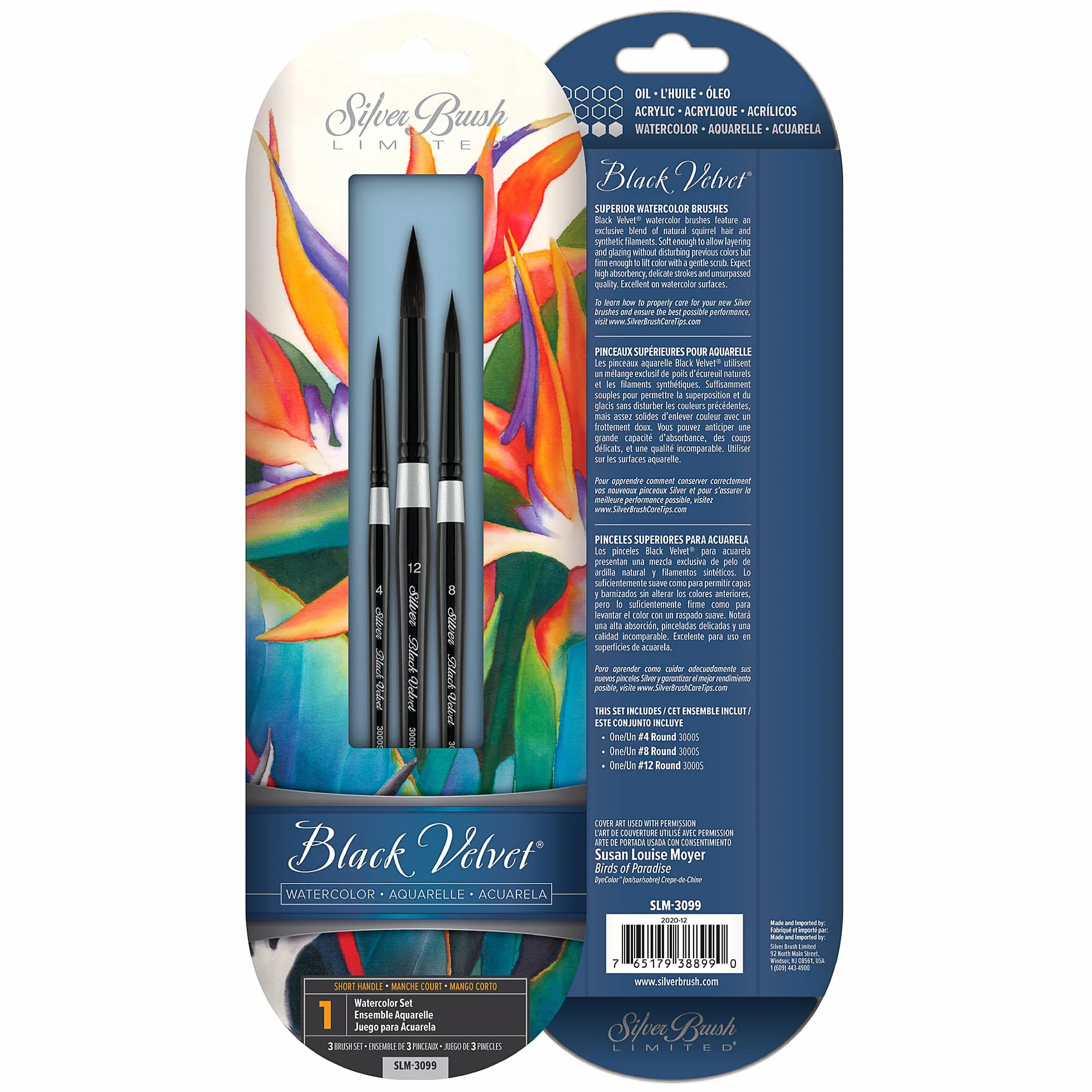 Silver Brush Limited SLM 3099 Susan Louise Moyer Basic - Juego de 3 Pinceles Redondos de Terciopelo Negro, tamaños 4, 8 y 12