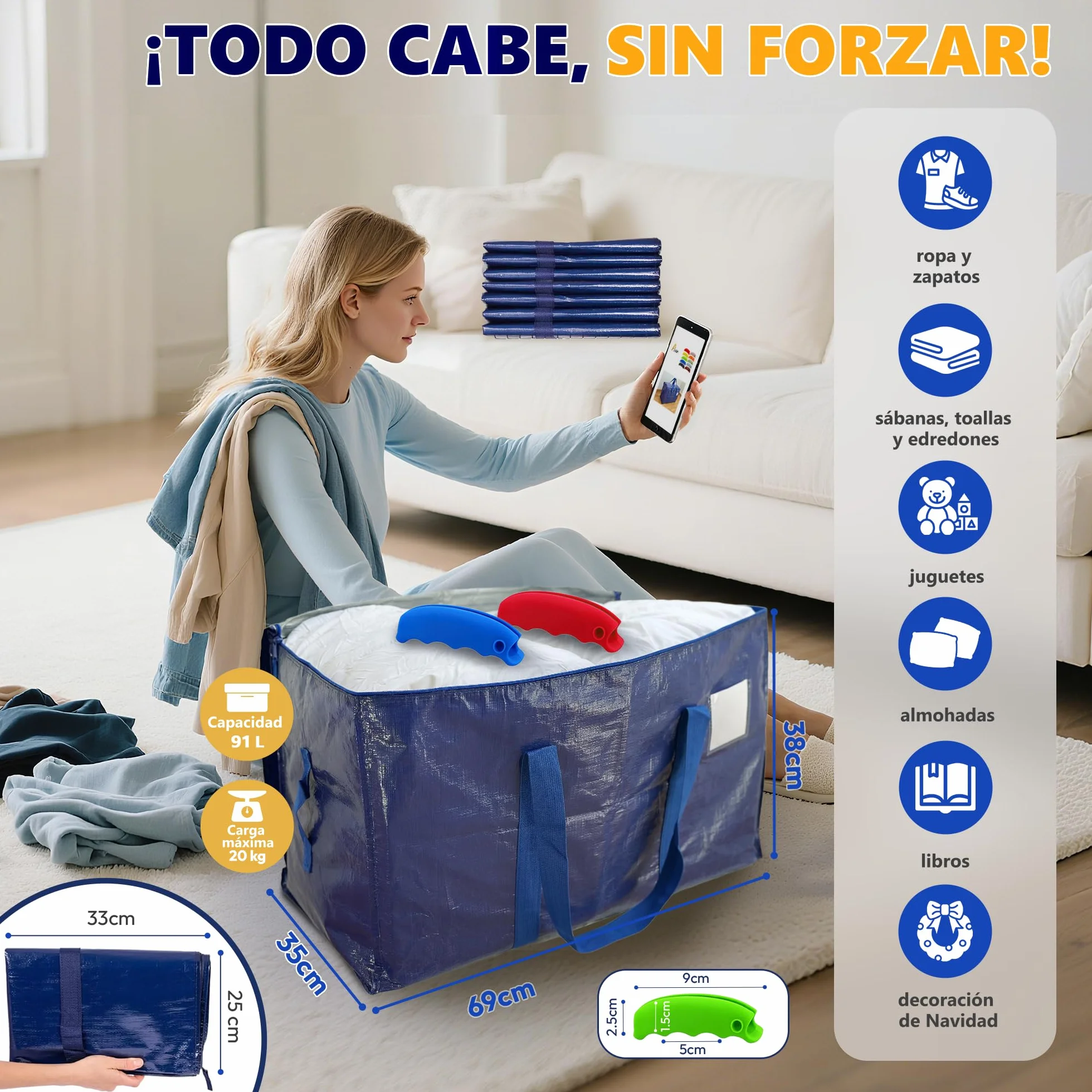 AXAM Pack de 4 Bolsas de Mudanza Grandes XL 91L – Almacenaje de Ropa Resistente e Impermeable – Alternativa a Cajas de Cartón – Reutilizables con Asas de Silicona
