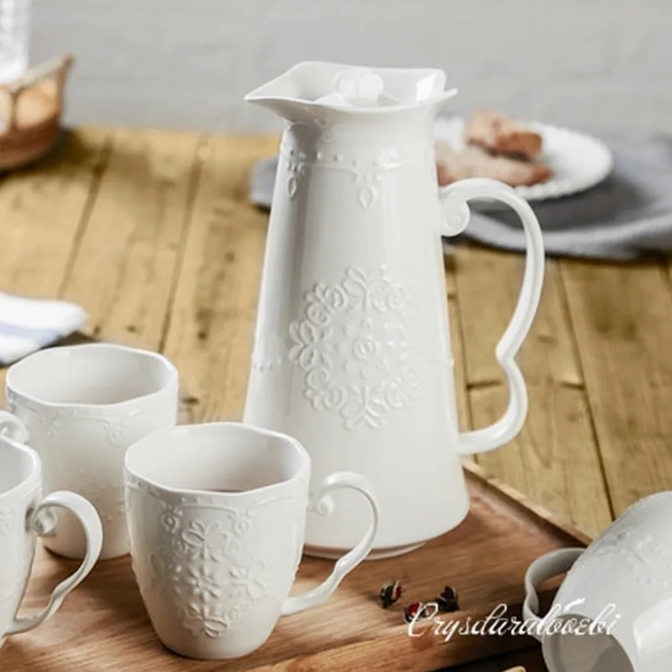 Jarra Jarra de agua cerámica porcelana grabada en relieve blanca 1,2 l | Hervidor de café for la ceremonia del té del café