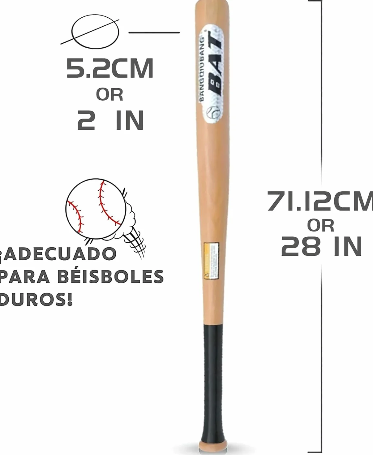 Bate de Béisbol de Madera Maciza 71,12cm(28 Pulgadas) Mango Antideslizante Entrenamiento Peso