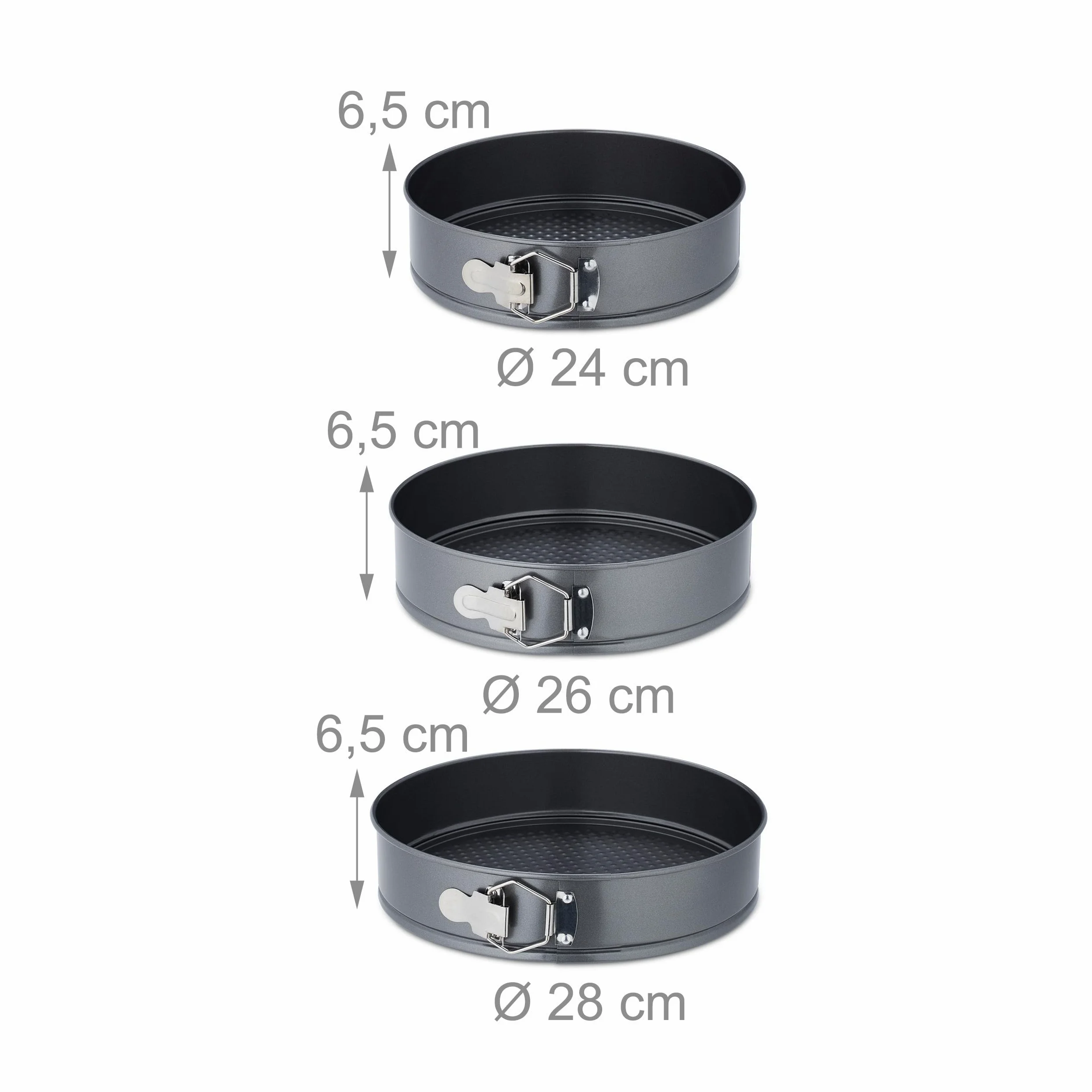 Relaxdays Set Moldes Bizcocho, 7 Bizcocheras Redondas, 14/16/18/20/24/26/28 cm, Acero INOX., Antiadherentes, Antracita