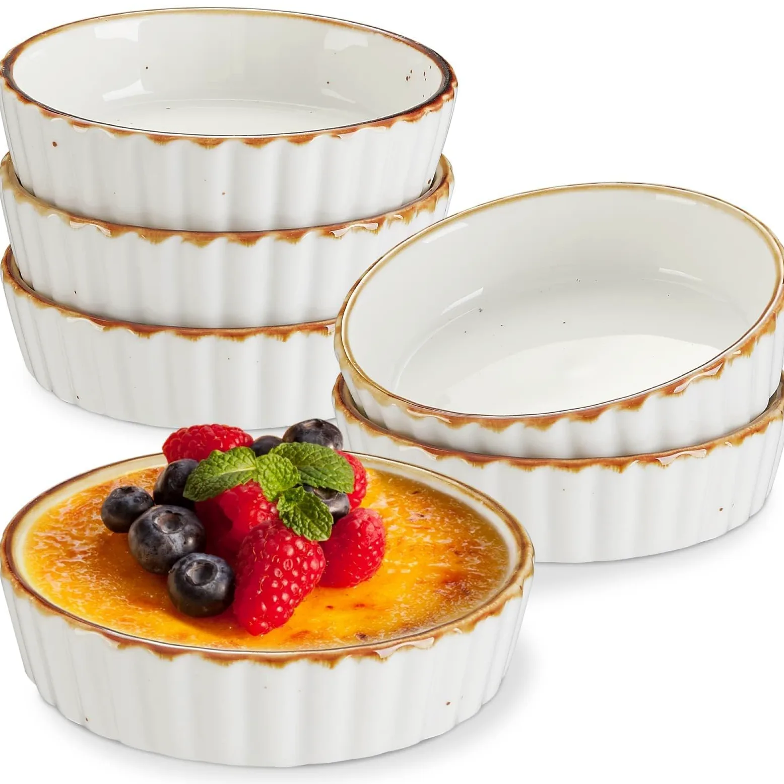 ONEMORE Cerámica poco profunda Ramekin Verti Line, color blanco crema juego de 6