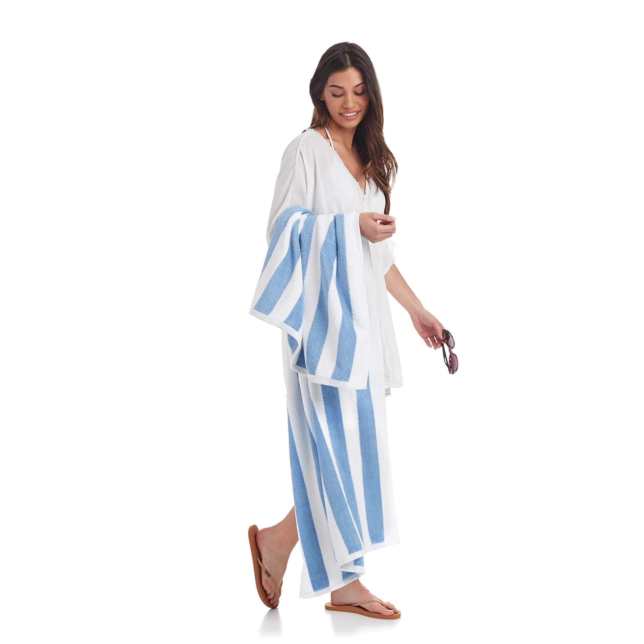 Amazon Basics Toalla Playa 100% Algodón Rayas Cabana 76 x 152 cm Azul Claro Pack 2