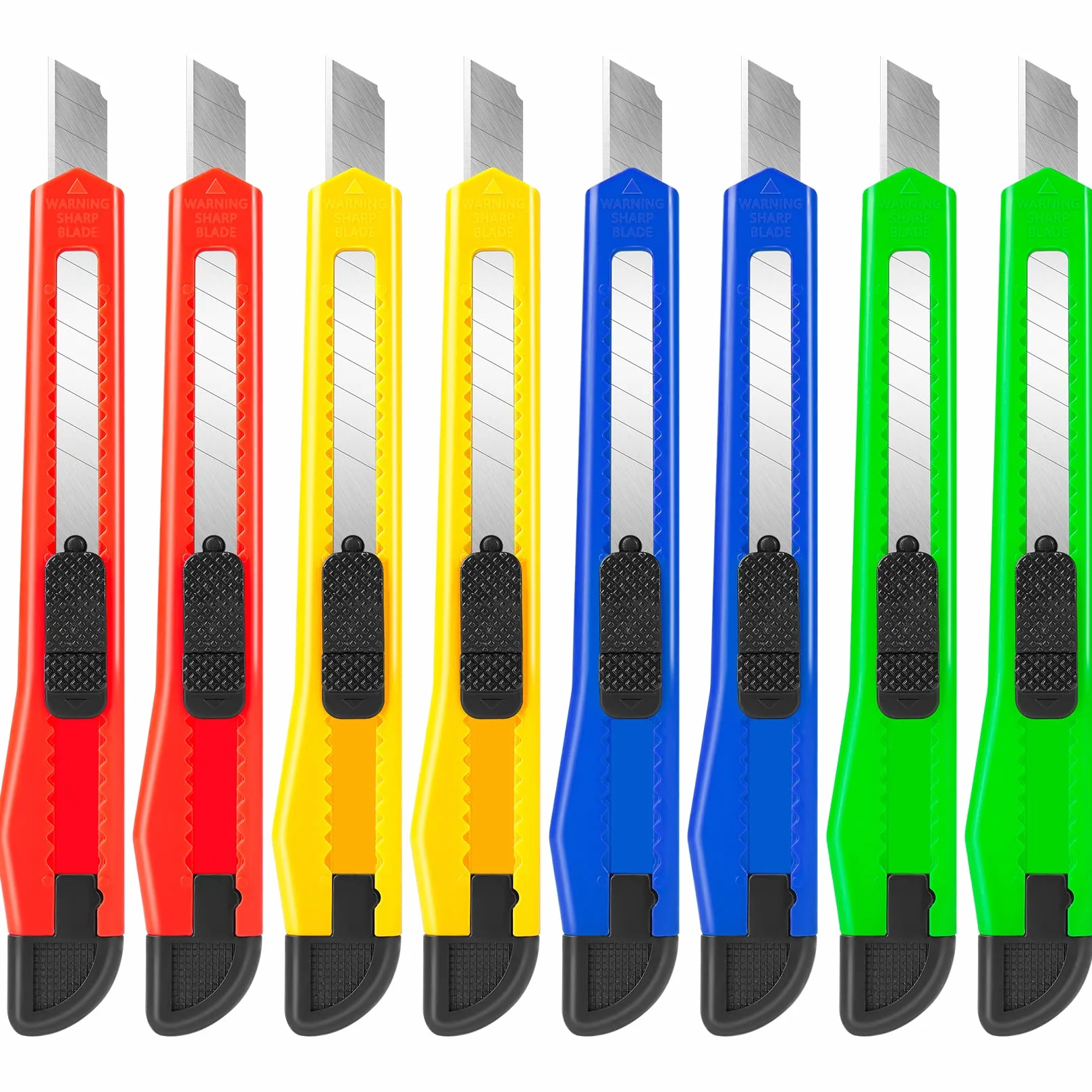 Paquete de 8 cortadores de caja de cuchillos (9 mm de ancho, 4 colores) Exacto cuchillo retráctil, compacto, uso extendido para oficina resistente, hogar, manualidades, pasatiempos