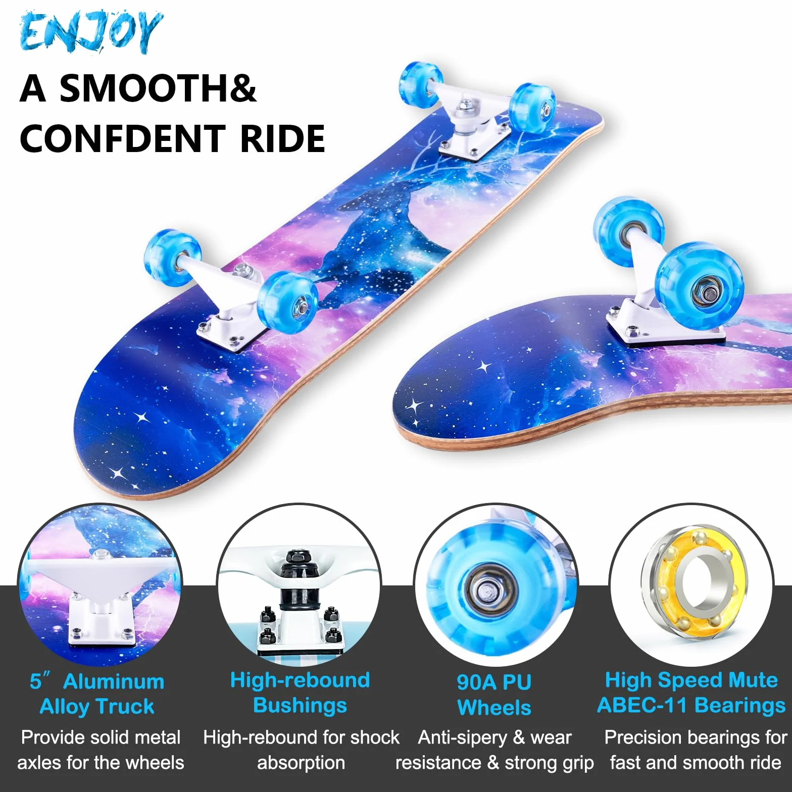 Monopatín Cruiser Skateboard 31 x 8 pulgadas Doble Kick Deck Cóncavo ABEC-11 Rodamientos 8 Capas Madera de Arce