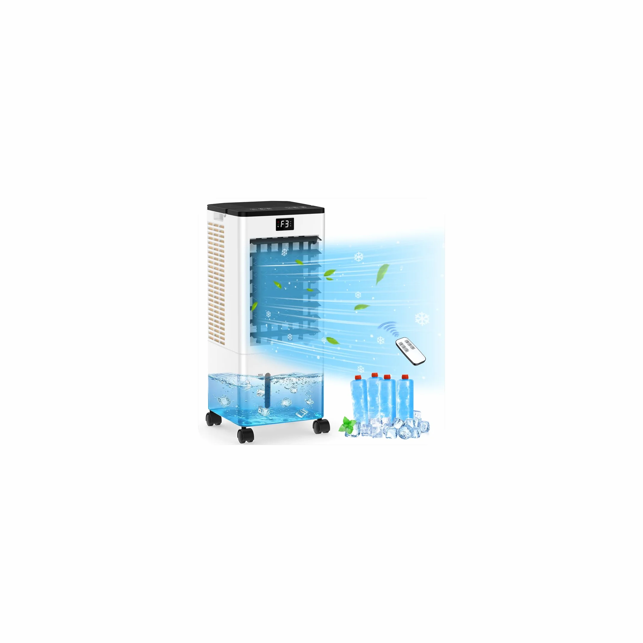 Aire Acondicionado Portátil Silencioso, Enfriador de Aire sin Tubo 4 en 1, 4 Modos 3 Velocidades, 60W Climatizador Evaporativo, Temporizadores de 1-12 H con Control Remoto, 4 Ruedas para Hogar Oficina