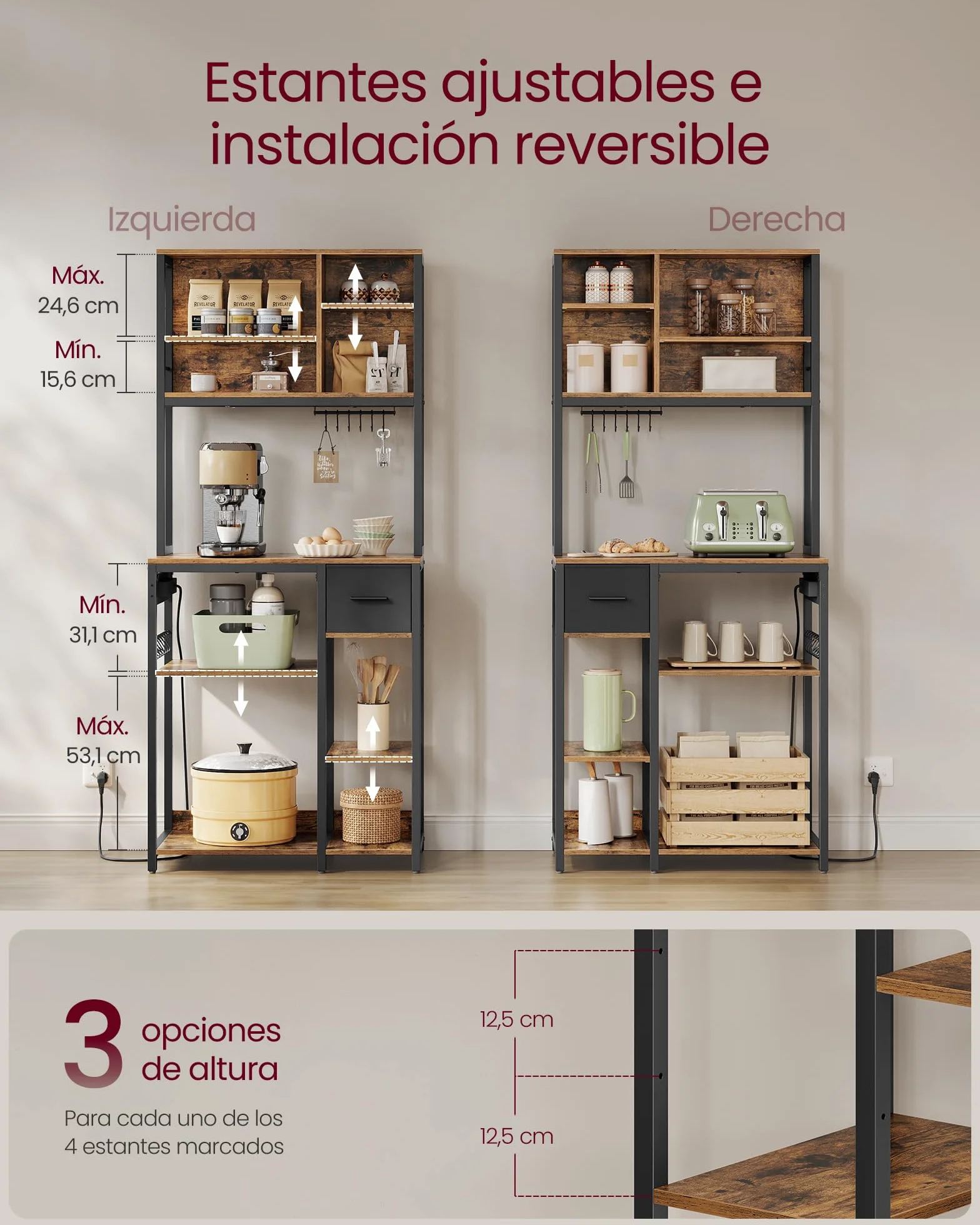VASAGLE Estanteria Cocina con Multienchufe, Mueble Auxiliar de Cocina, Cajón de Tela, 40 x 80 x 180,4 cm, Estante de Microondas, 12 Ganchos, Marrón Rústico y Negro Tinta KKS015K03