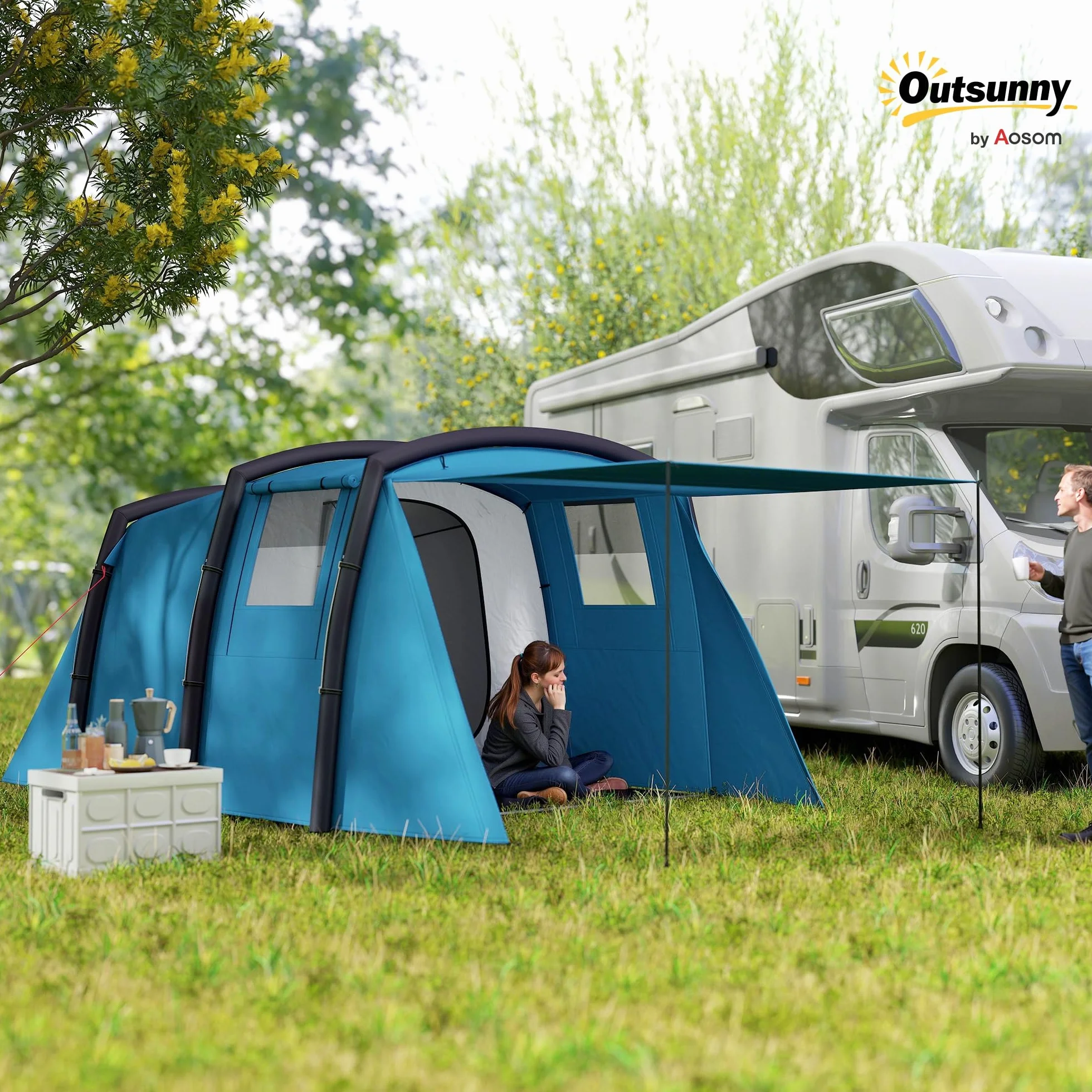 Outsunny Tienda de Campaña Inflable Familiar Tipo Túnel 3-6 Personas Glamping con Vestíbulo Protección UV 50+ Impermeable