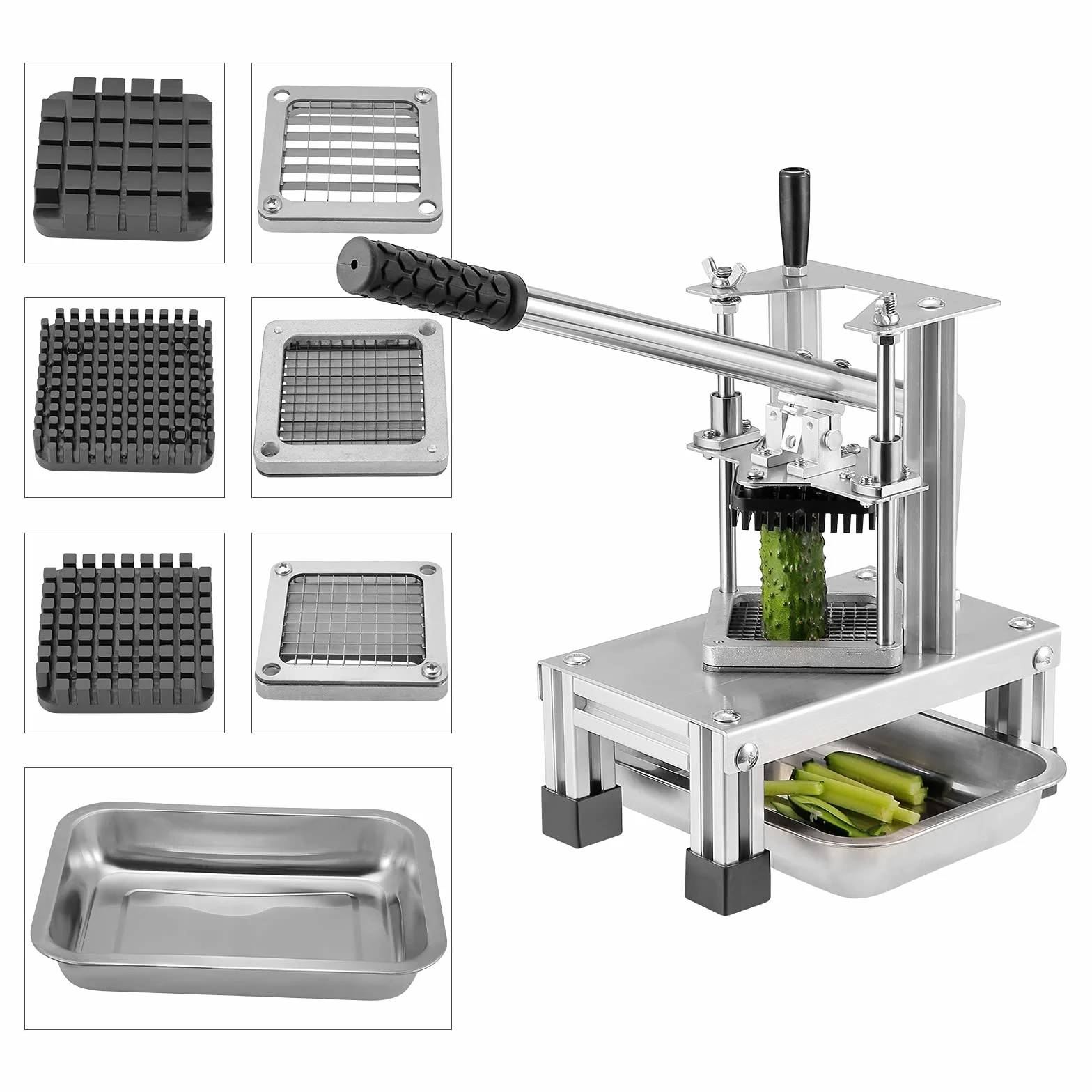Comercial Cortador de freír francés con 3 Cuchillas de Repuesto, 1/2", 1/4" y 3/8" Cuchillas Trituradora Simple Triturador de Patatas Fritas, Limón y Patatas con Mango Alargado