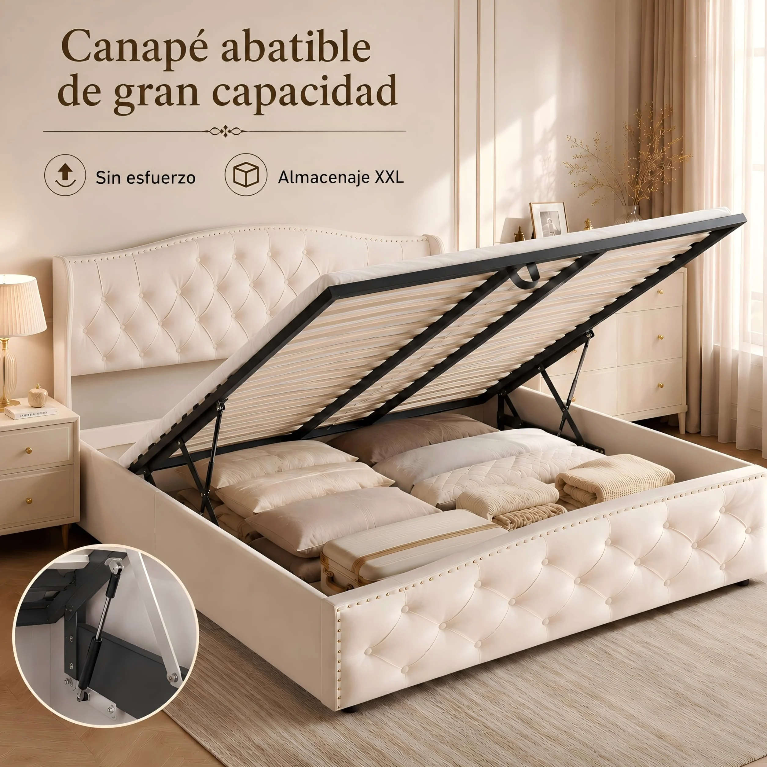 Cama Tapizada 140x200 cm con Canapé Abatible y Somier, Estructura de Cama Doble de Terciopelo con Espacio de Almacenaje, Cabecero Ondulado con Remaches, Soporta 250 kg, Blanco Crema (Sin Colchón)