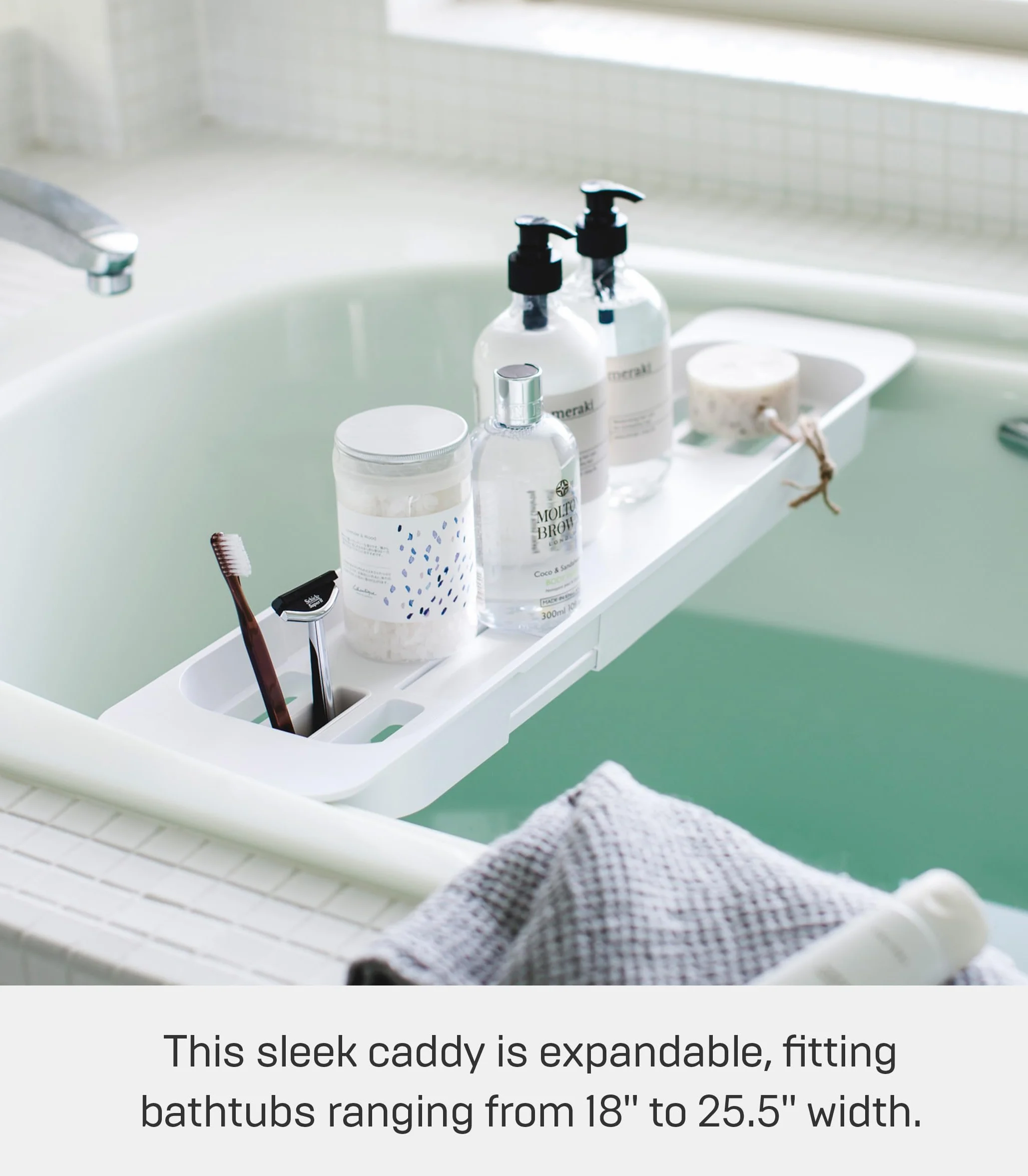 Yamazaki 3546 Tower Extendable Bathtub Tray, White, ABS Resin, 57.5~75 x 15.5 x 4.5 cm
