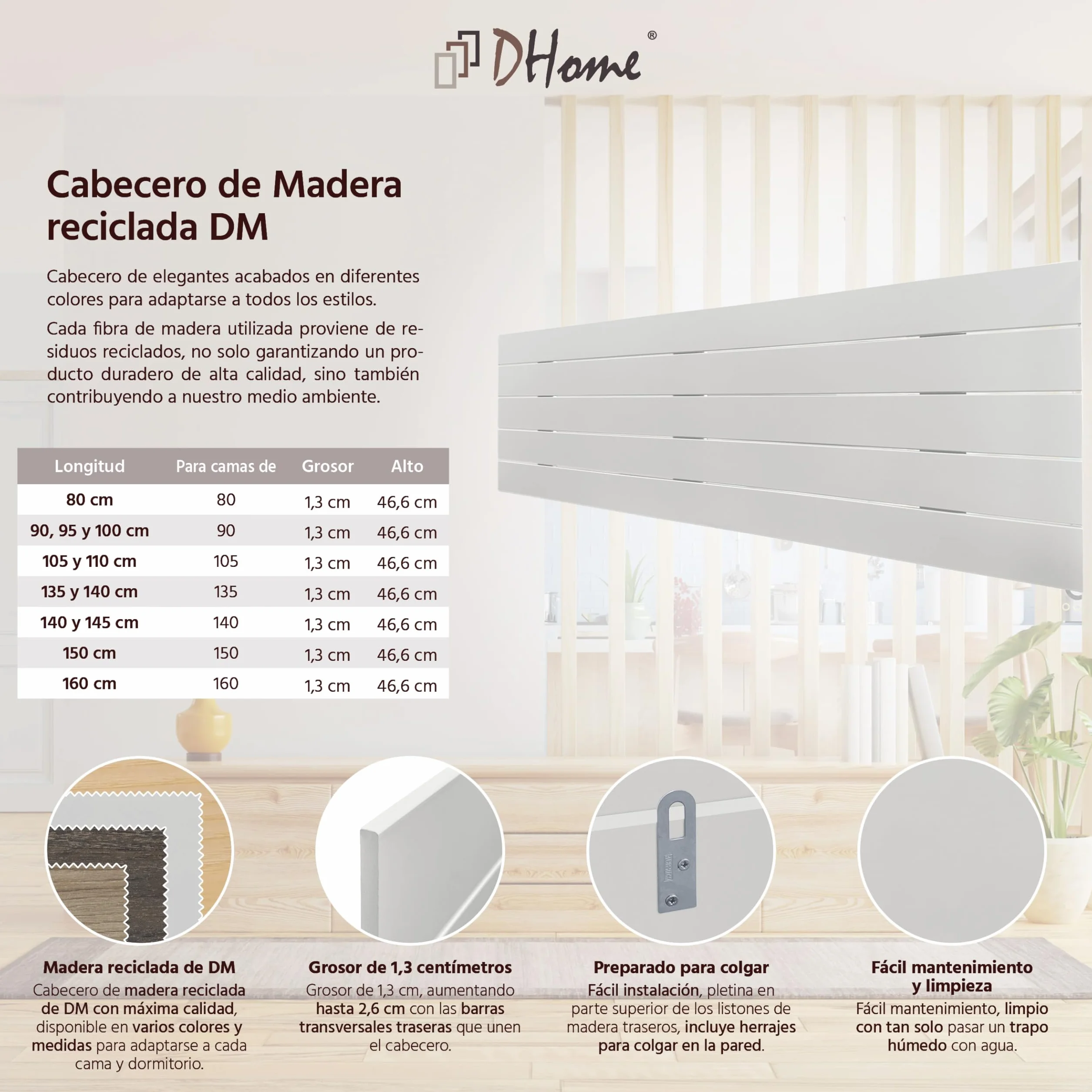 DHOME Cabecero de Madera reciclada DM Estilo Palet Horizontal Cama Palets Herrajes incluidos (135x46 Palet 5, Blanco Sólido)