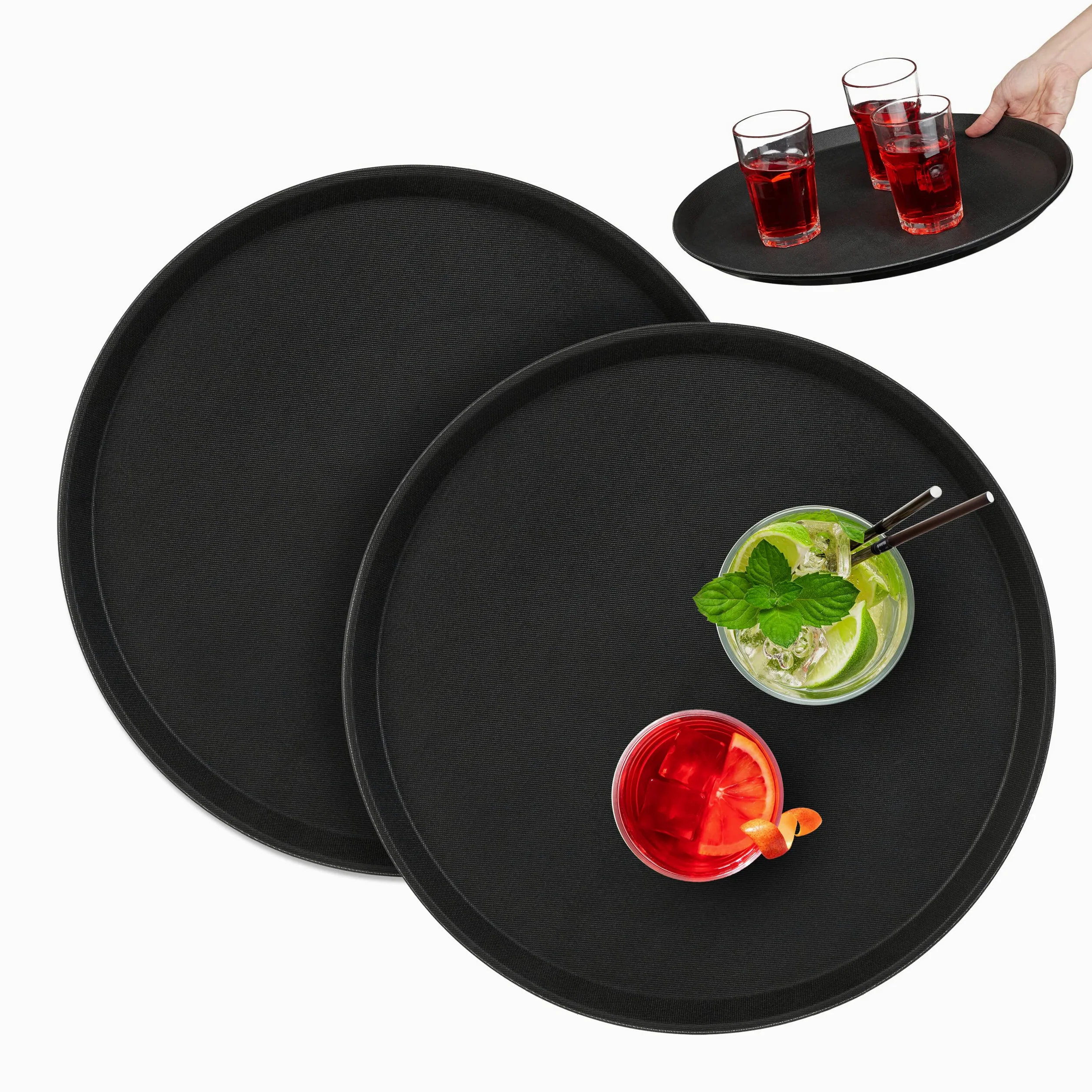 Relaxdays Set 2 Bandejas Bar, Redondas 40 cm Ø, Tabla Servir, Superficie Antideslizante, Camareros, Gastronomía, Negro