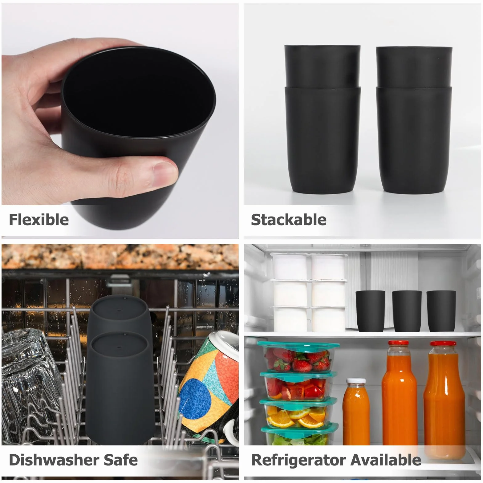 Topsky Set de 4 vasos para cepillos de dientes, Vasos de plástico, Para adultos, adolescentes y niños (280 ml, negro)