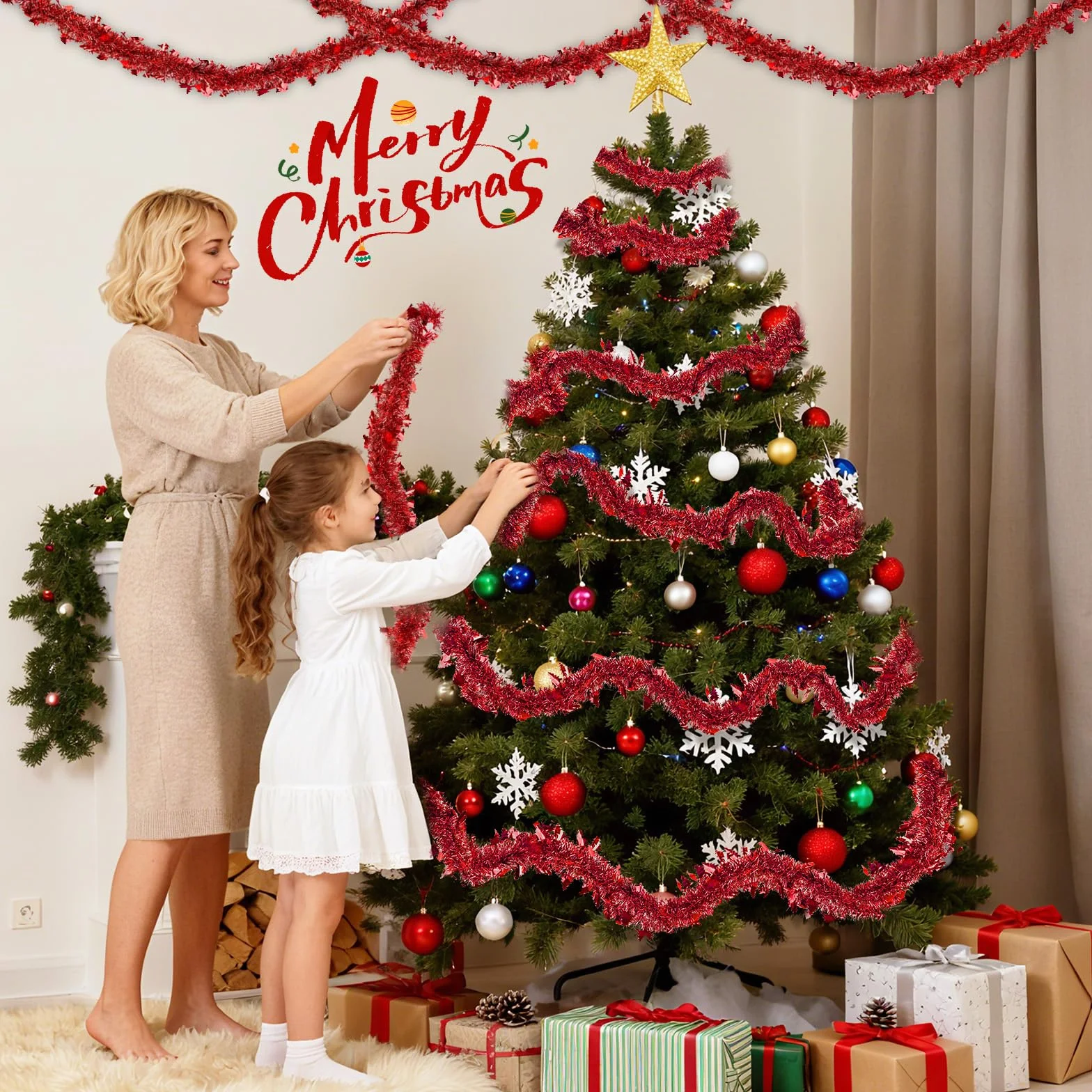 8 Piezas Guirnalda de Oropel Navidad, 16M Espumillón Metálica Brillante, Rojo Decoracion Arbol de Navidad Adornos, Rojo Brillante Espumillón para Árbol de Escaleras Chimenea