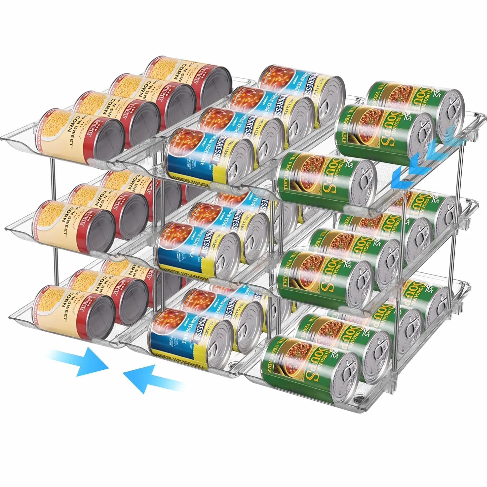 Organizador de latas de despensa, estante de almacenamiento apilable transparente con tres niveles, soporte para bebidas y cerveza, dispensador transparente, configuración modular flexible