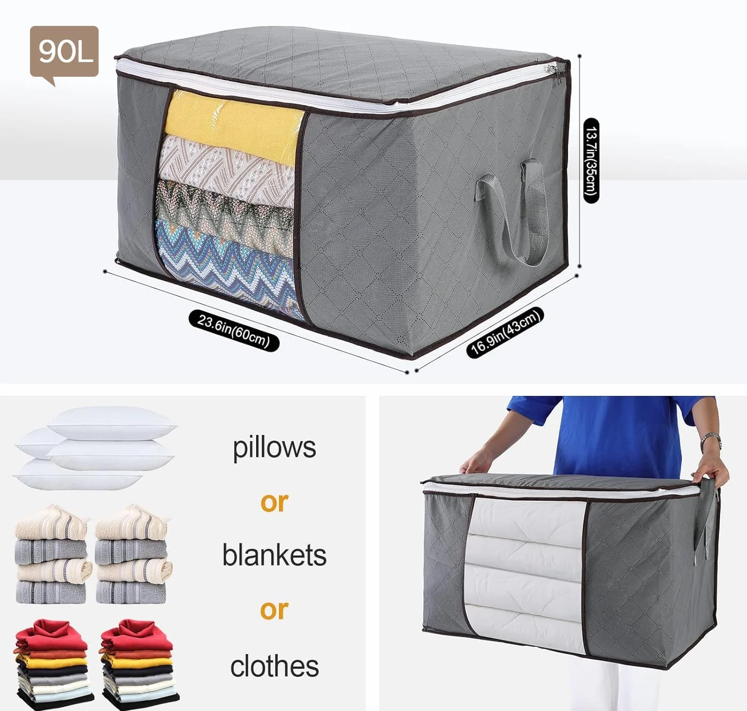 AiQInu Cajas Almacenaje Ropa, 2PCS 90L Plegable Bolsa Almacenamiento de Ropa de Gran Capacidad, Bolsas para Guardar Ropa con asa reforzada para Edredones, Ropa de Cama, 60x44x35CM