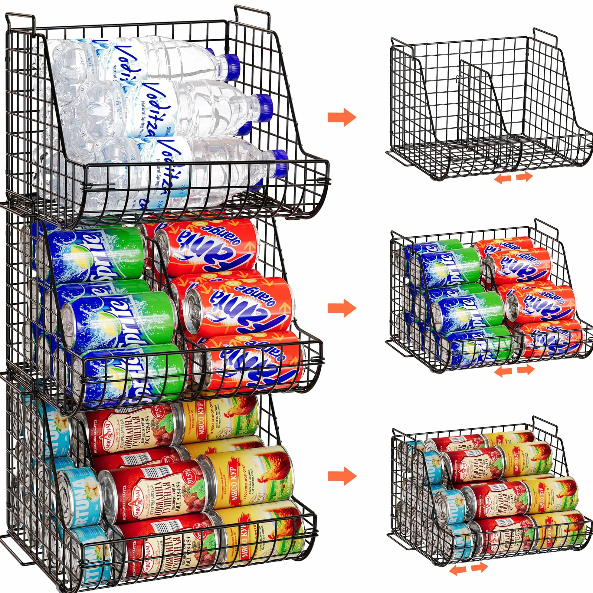 Dispensadores de latas apilables de 3 niveles con 3 divisores, organizador grande de latas de despensa, soporte para botellas de agua de pie, cesta de almacenamiento de latas de refrescos para