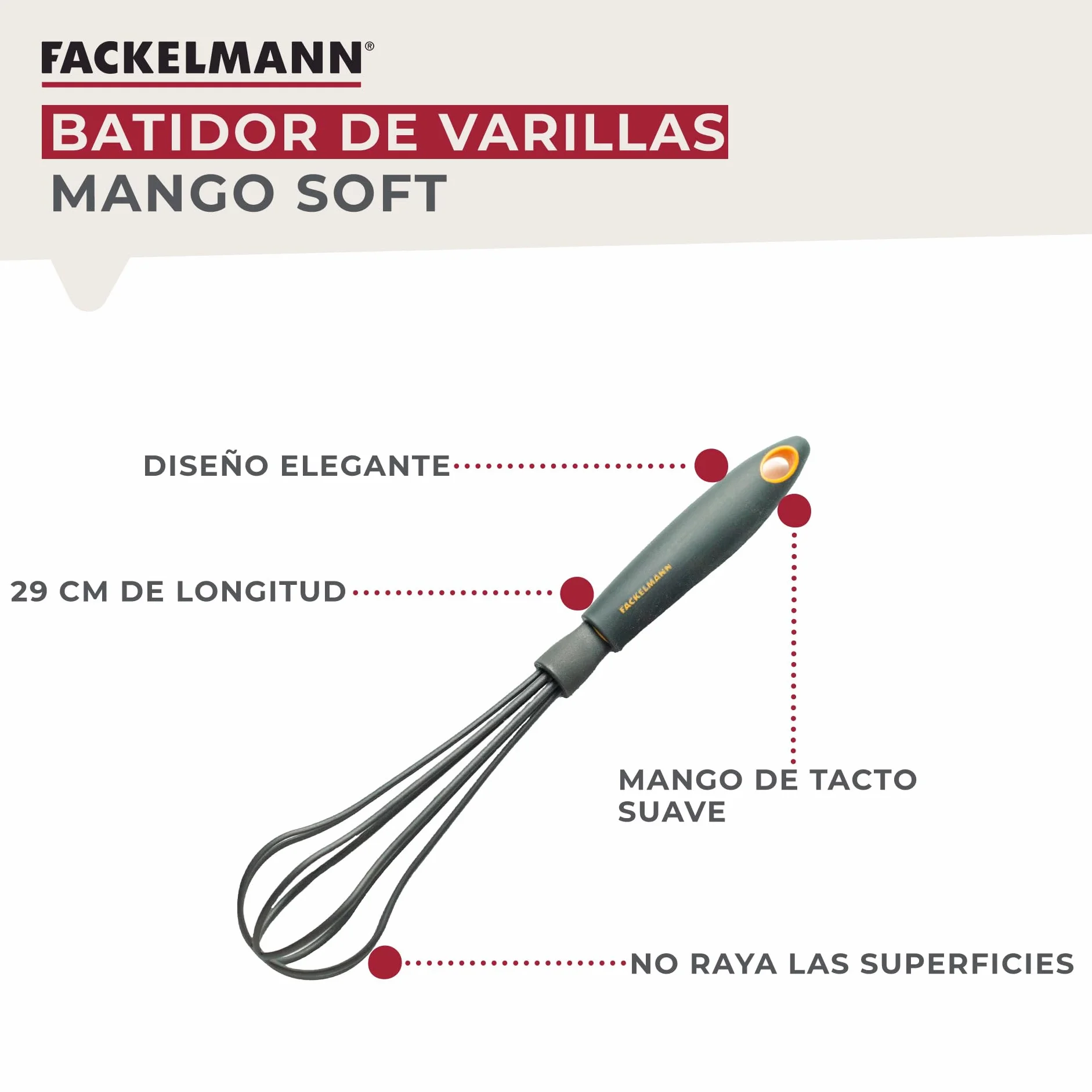 Fackelmann Soft Batidor Manual de Varillas, Nylon resistente hasta 220ºC y Mango Suave y Antideslizante de Polipropileno, Diseño Ergonómico, 29x7cm, 1 ud.