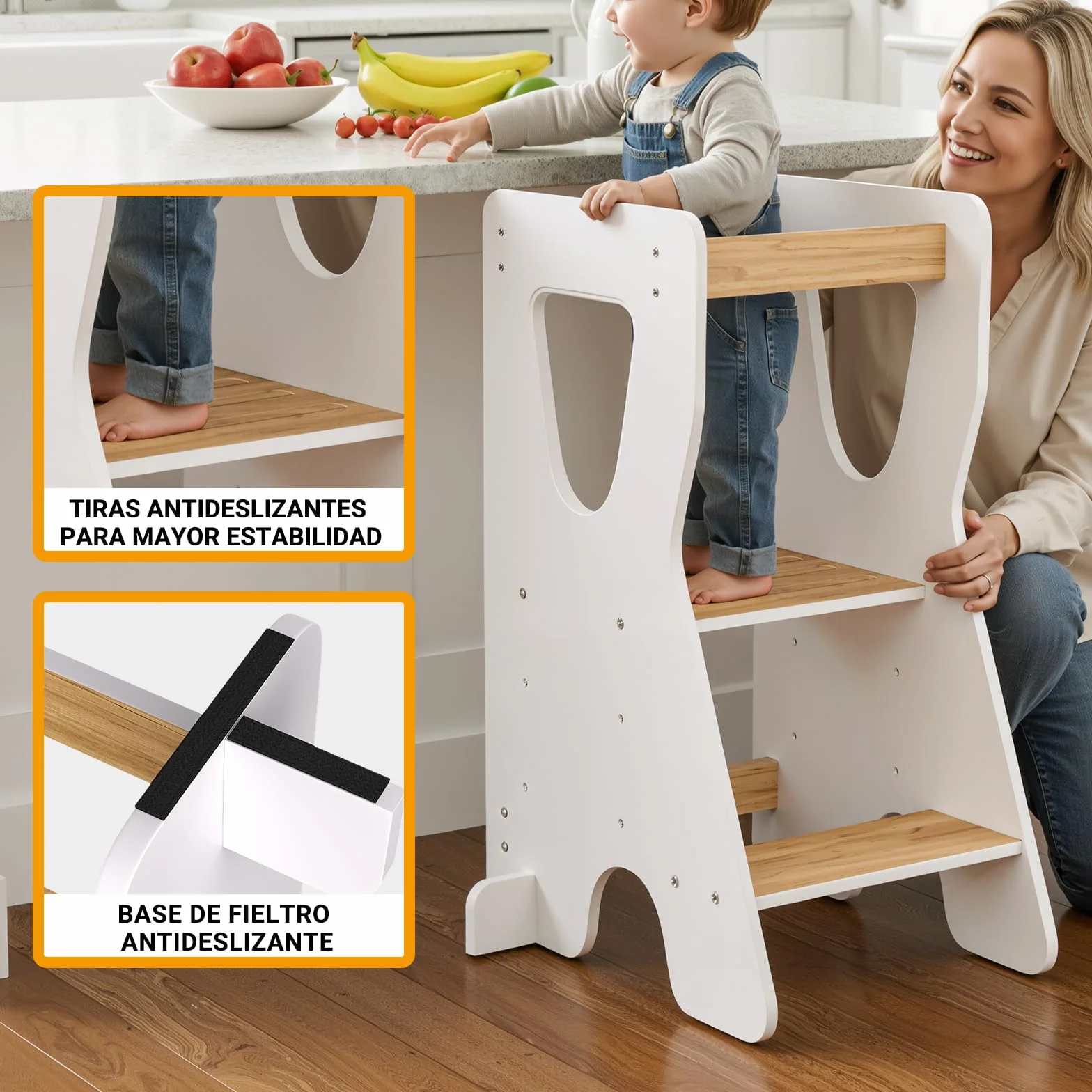 COSYLAND Torre de Aprendizaje Montessori Madera Altura Ajustable 3 Niveles Barandillas Seguridad Natural Blanco
