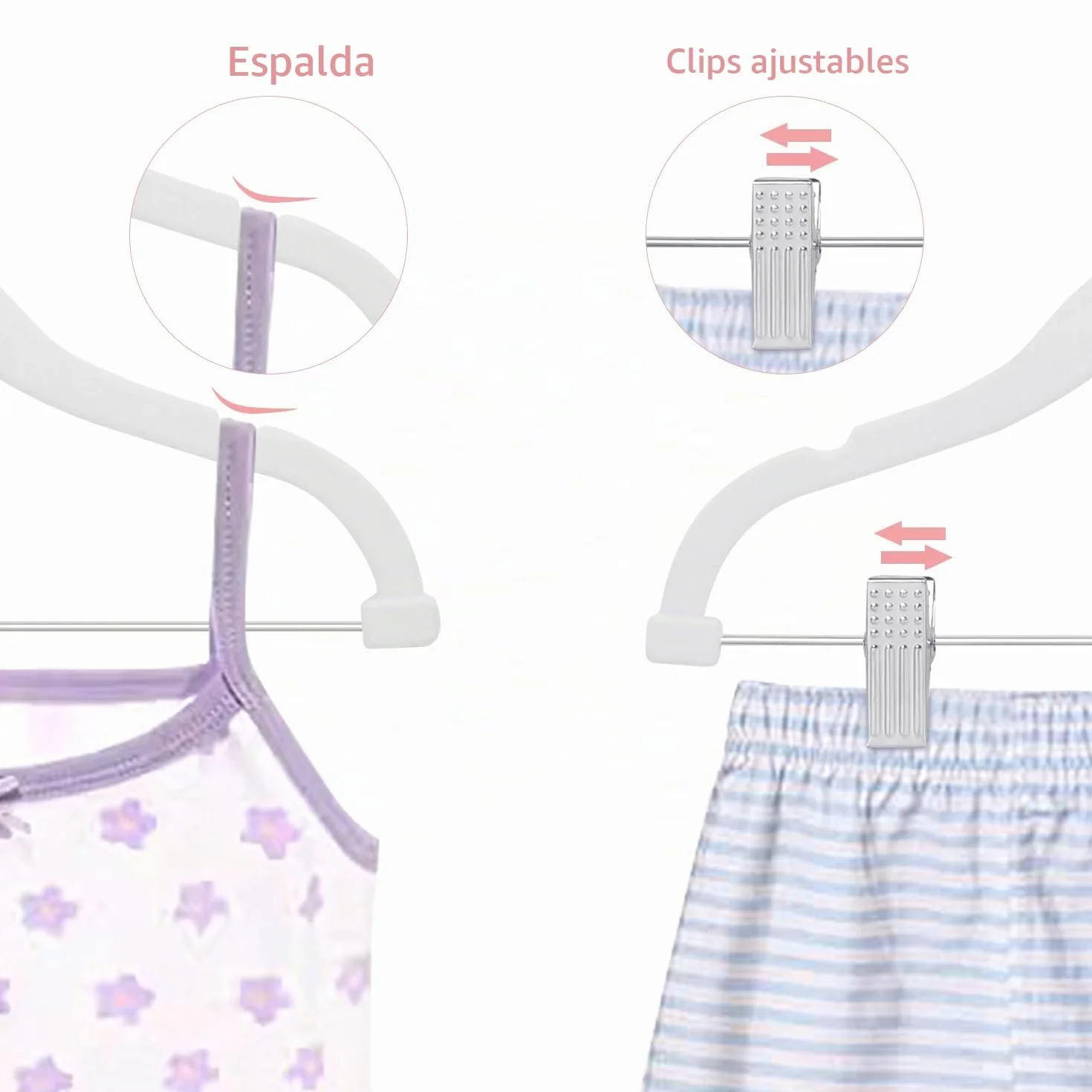 Perchas Infantiles 30 cm Terciopelo Clips Ajustables Antideslizantes Paquete 16 Blanco