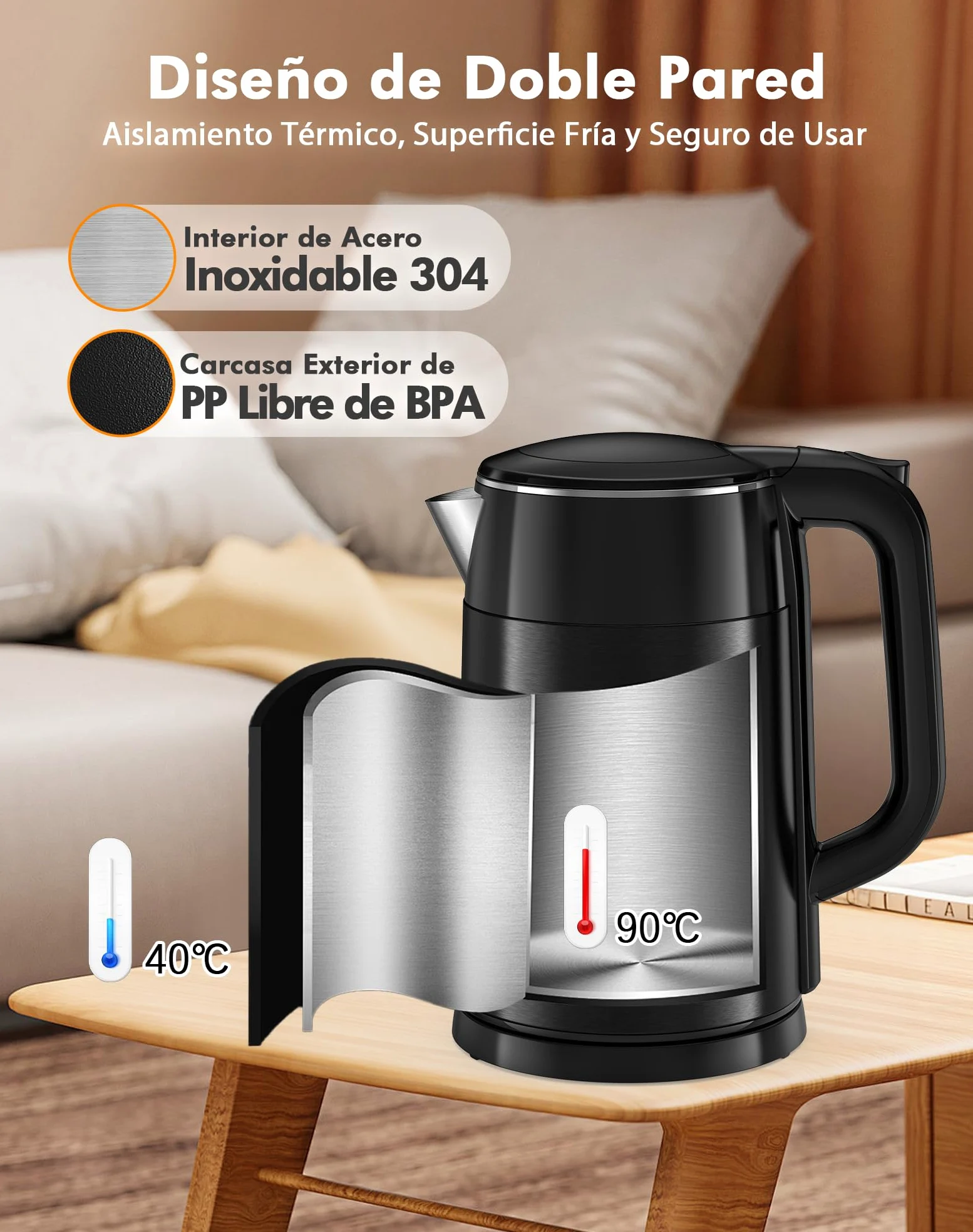 Hervidor de Agua Eléctrico 1,7L 2200W con Control de Temperatura y Pantalla LED - Acero Inoxidable 304 Libre de BPA, Doble Pared Tacto Frío, Función Mantener Calor 2H, Apagado Automático (negro)