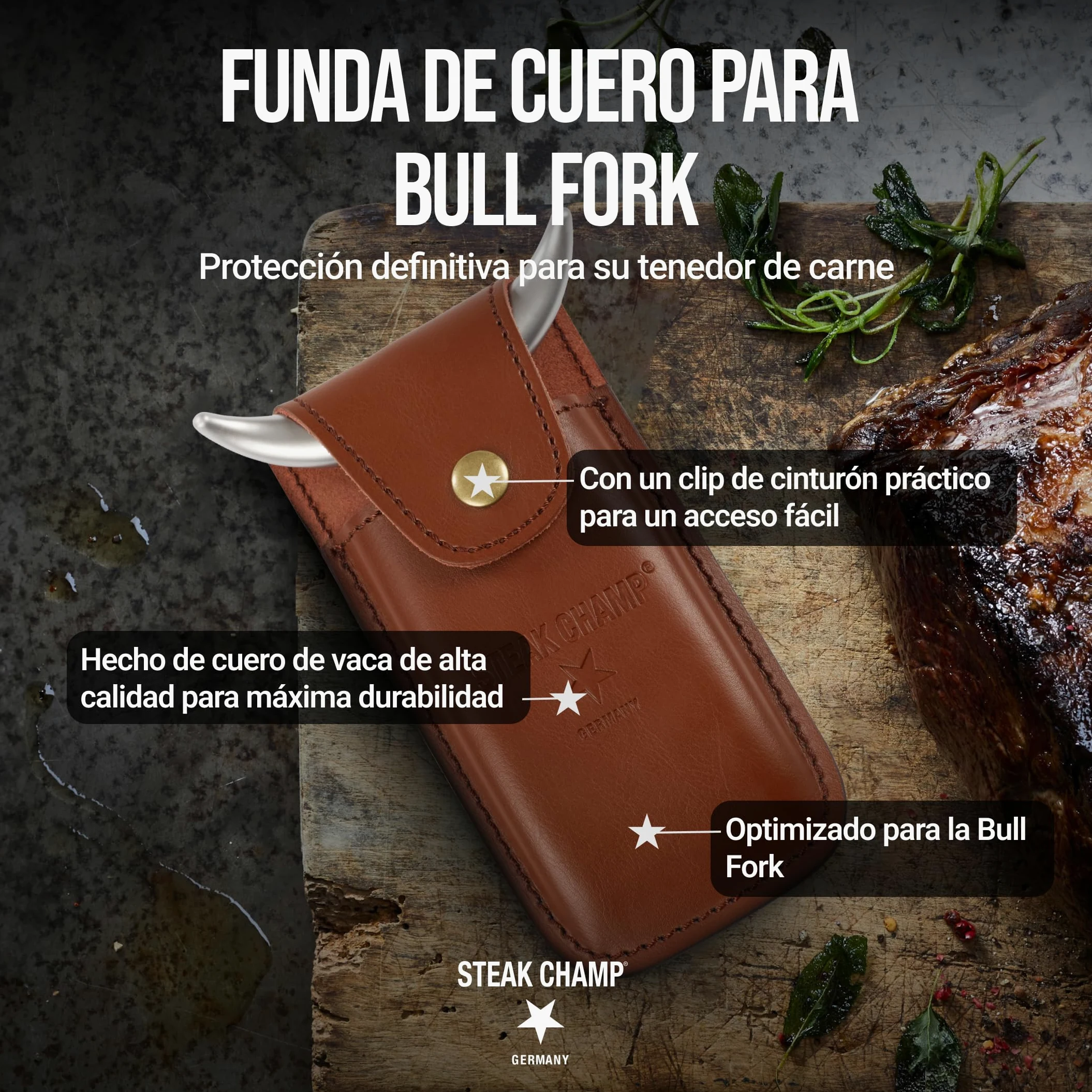 Funda de Cuero Steak Champ para Tenedor de Carne Bull Fork, Fabricada en cuero de alta resistencia, Ideal para Cinturón, con Lengüeta de Seguridad y Botón a Presión