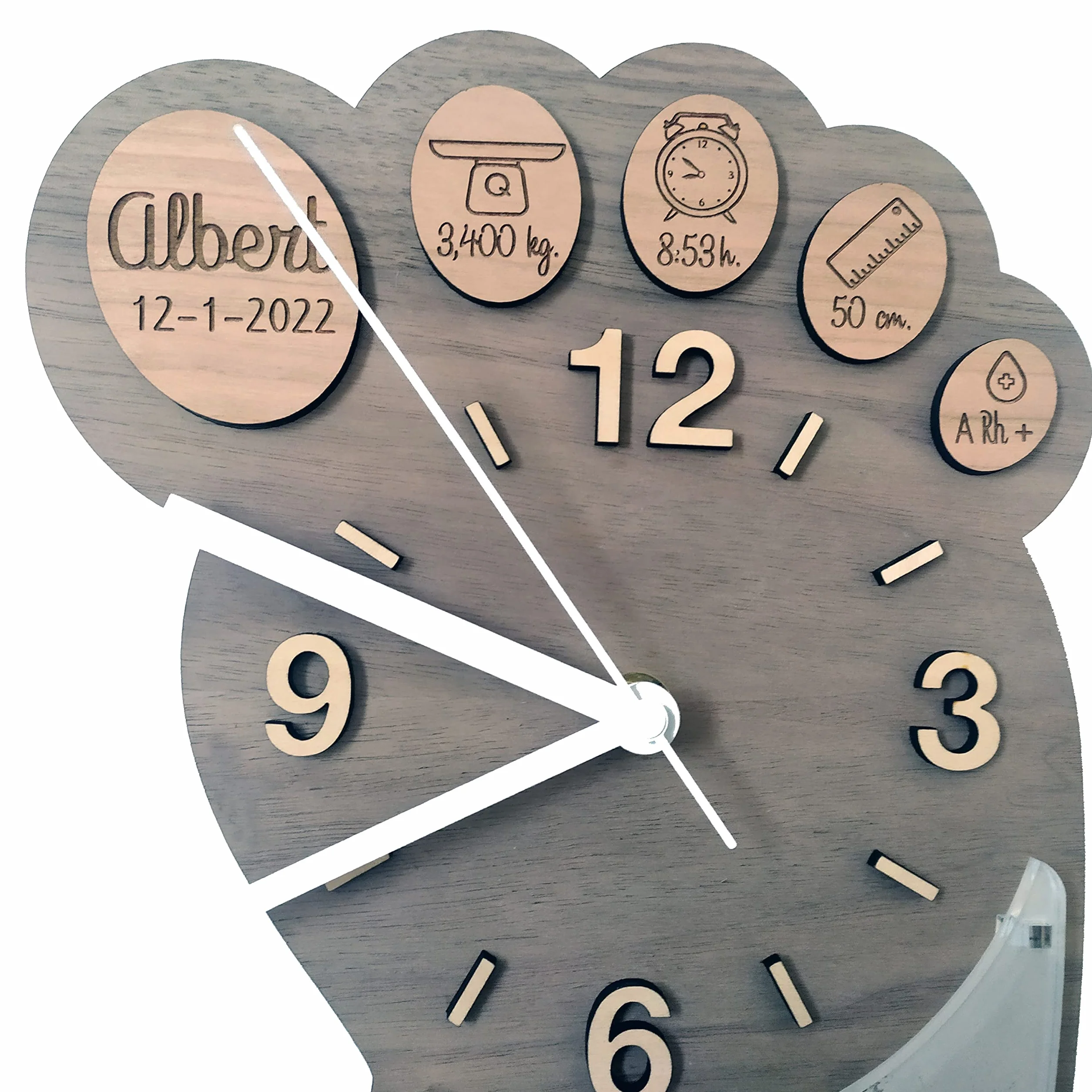Reloj Natalicio de Madera Personalizado con Nombre, Fecha, Peso, Hora, Medida y Grupo Sanguíneo
