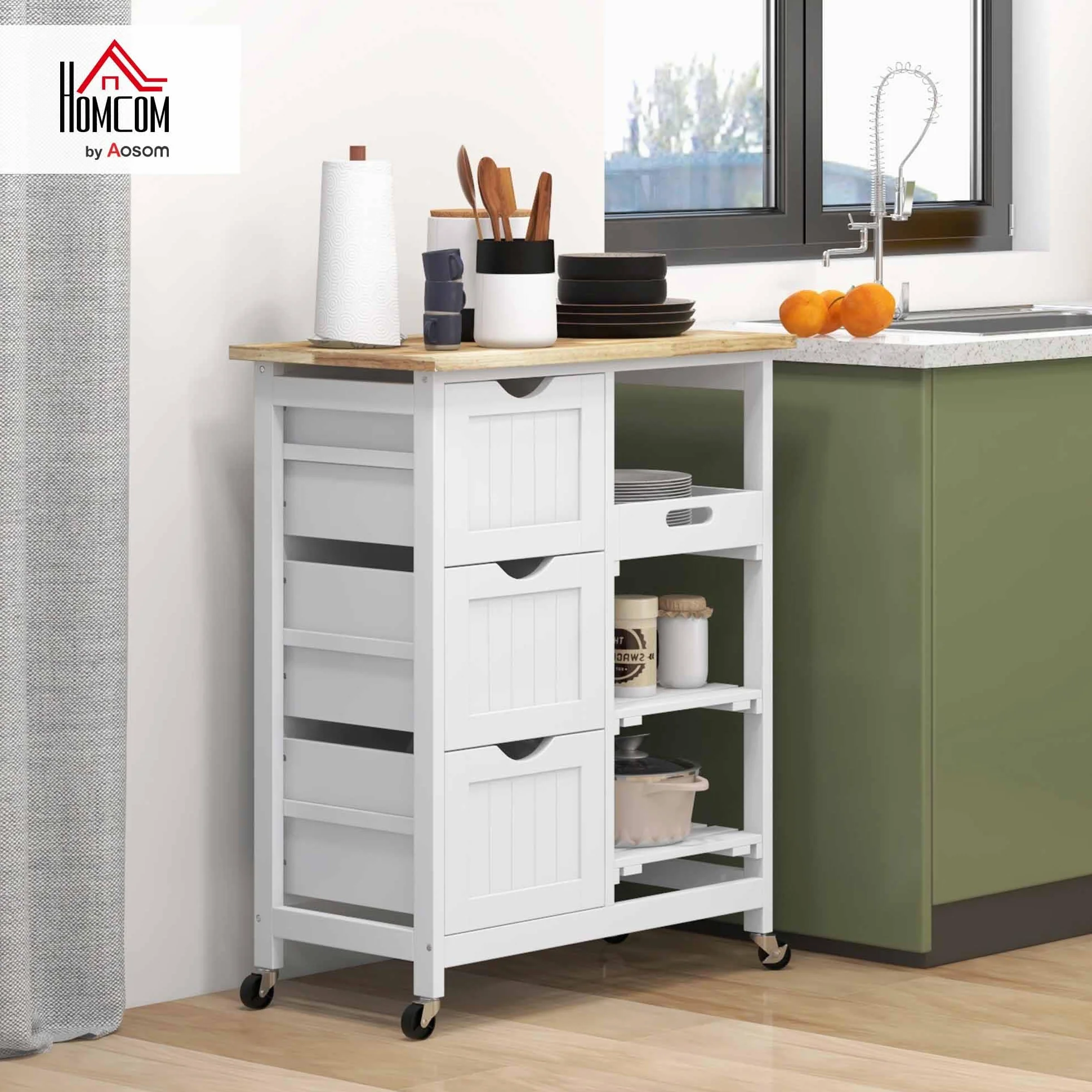 HOMCOM Carro de Cocina Carrito Auxiliar con Ruedas Tablero de Madera 3 Cajones 2 Estantes Abiertos y Bandeja Extraíble para Comedor Salón 67x37x85,5 cm Blanco