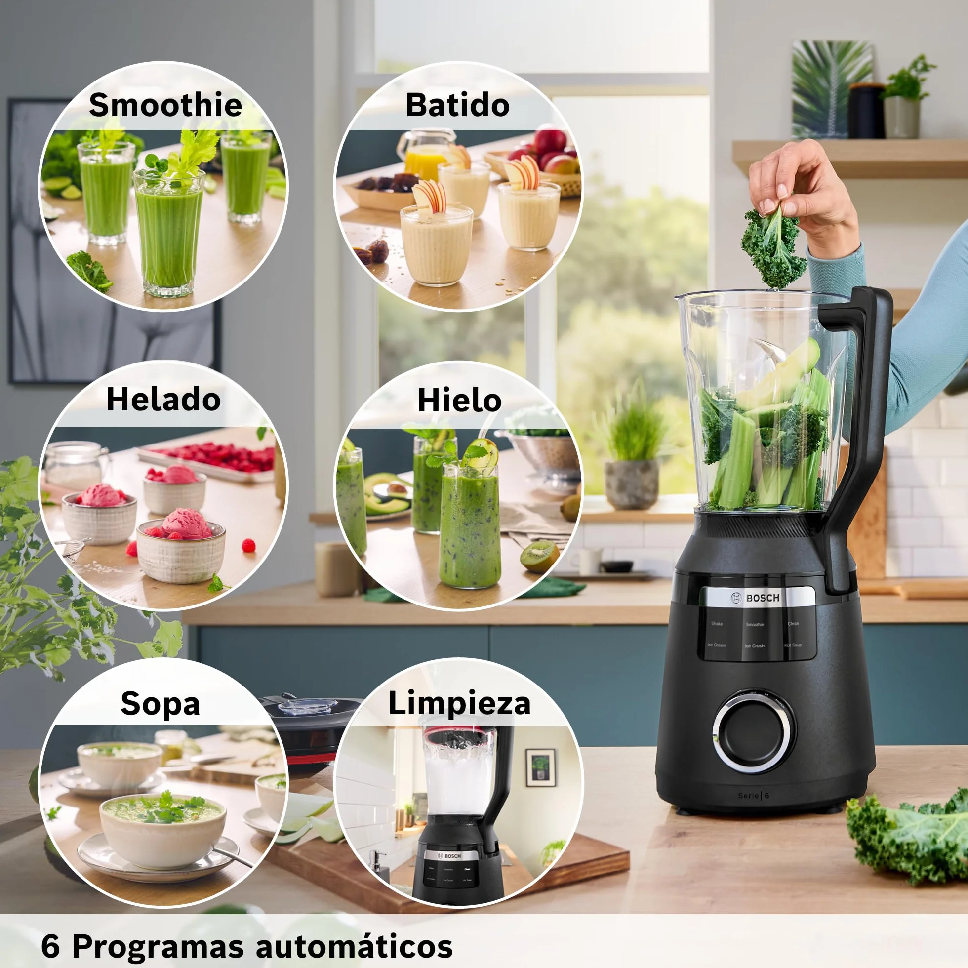 Bosch - Batidora de vaso VitaPower Serie 6, motor de 1800 vatios, velocidad del motor de hasta 45.000 rpm, 6 programas automáticos, jarra batidora Tritan, negro, MMB6652B