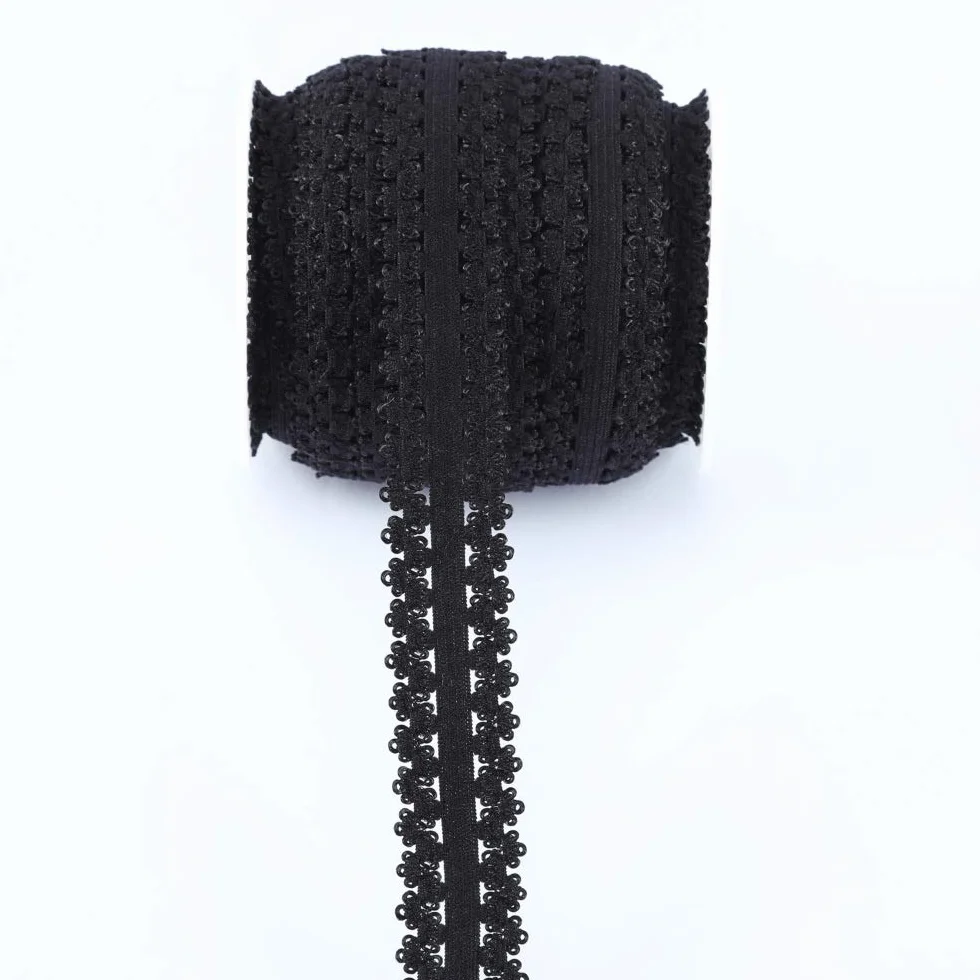 Un rollo de 16 yardas de encaje elástico con borde de picot de 3/4 pulgadas, bordes volantes, cinta elástica, encaje para diademas (negro)