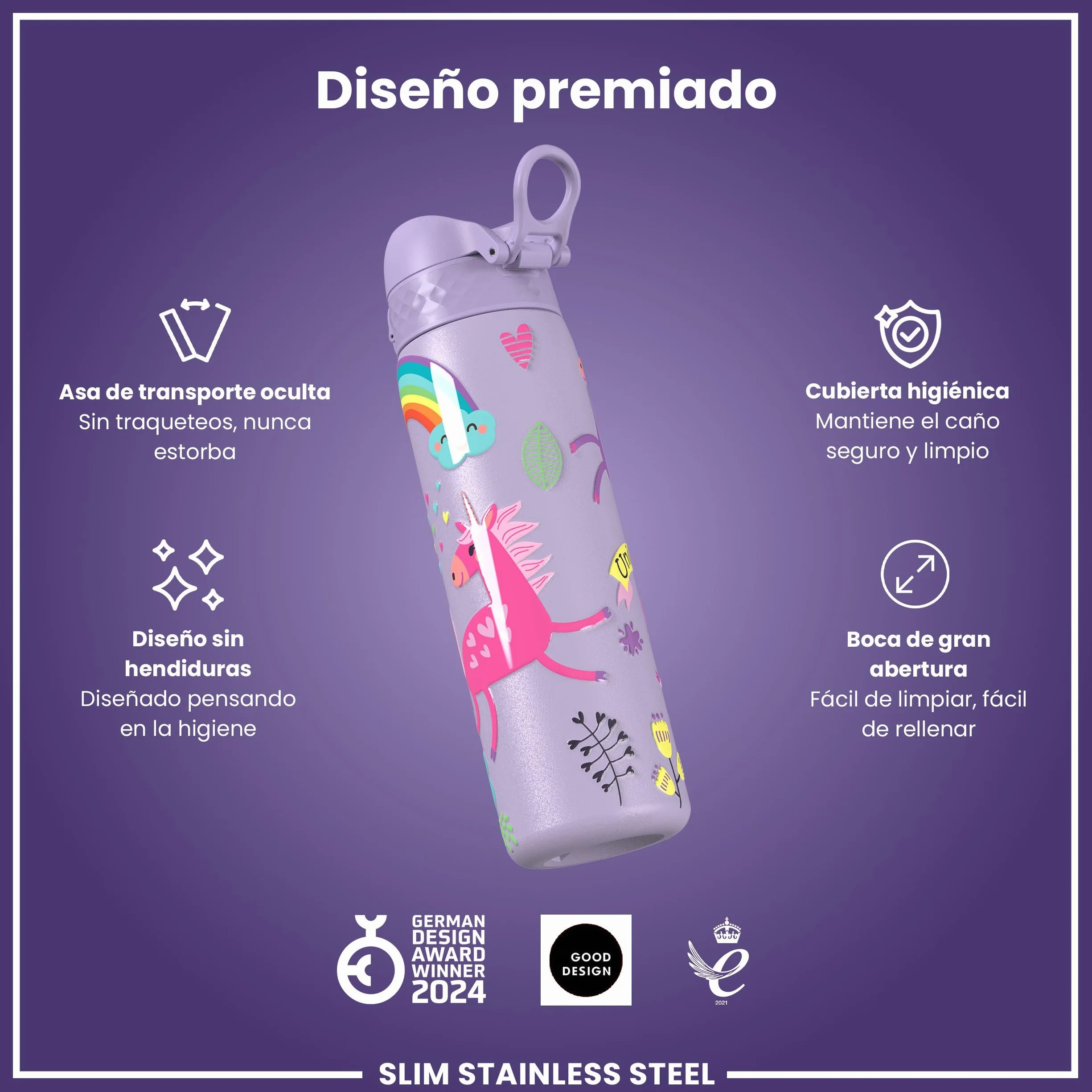 ion8 Botella Agua Inox 600ml Sin Aislamiento a Prueba de Fugas Fácil de Abrir Cerradura Segura Unicornios Púrpura