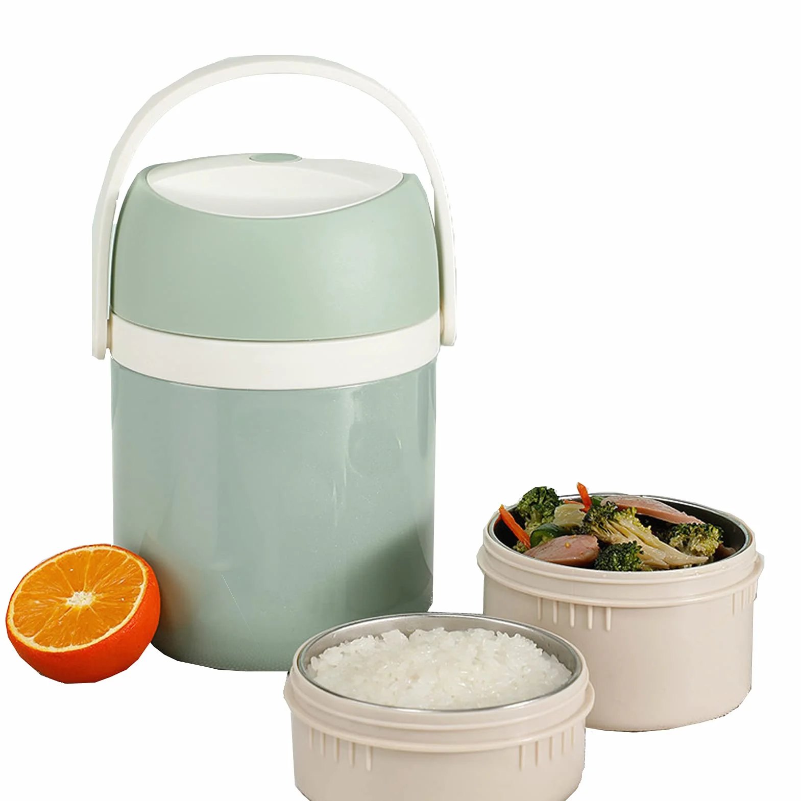 Fiambrera Térmica de Acero Inoxidable, Frasco Aislante térmico para Alimentos Apilable a Prueba de Fugas,Lunch Box Caja bento con Bolsa de Almuerzo y Cuchara Tenedor,Verde,1.6L+2 Layers