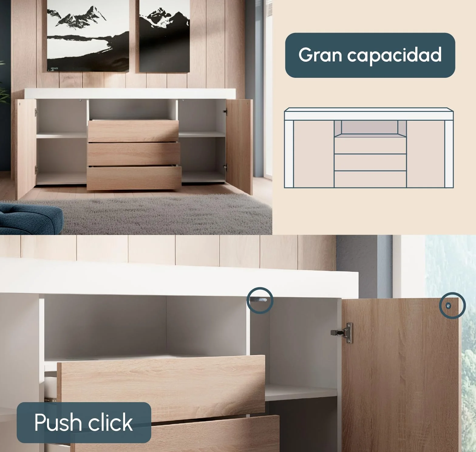MB Muebles Bonitos | Aparador con Puertas y cajones Yanis para Salón Comedor Moderno | Melamina Mate | Color Blanco y Sonoma | 160x72x35 cm