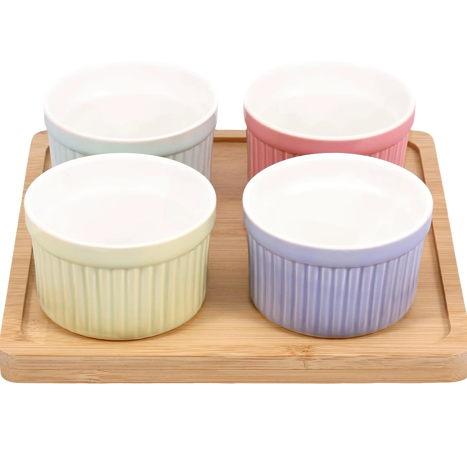 Juego de 4 moldes de cerámica for ramequines con bandeja de 4 oz for horno, cuencos pequeños for hornear, moldes apilables for crema brûlée y natillas