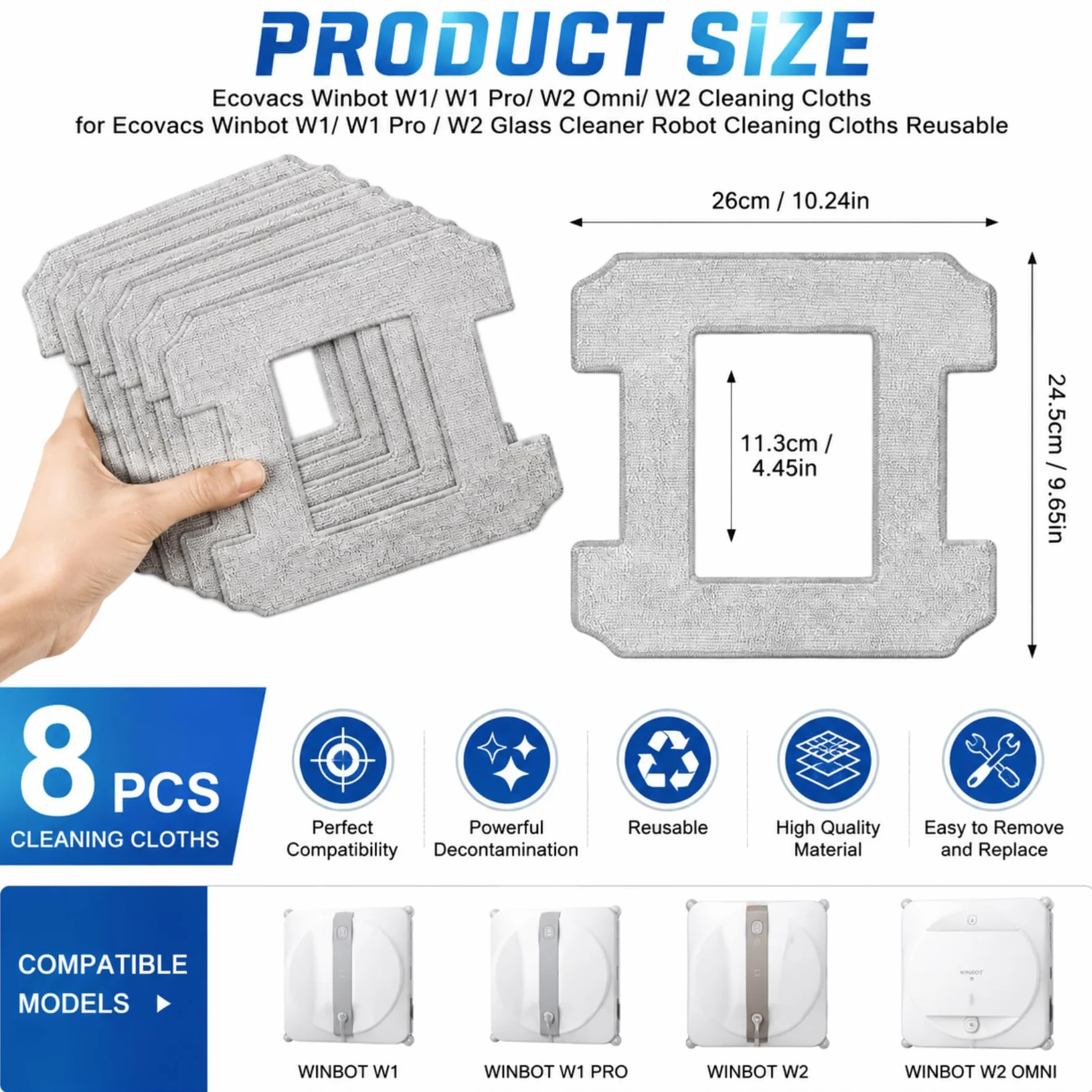 Kit de 8 Piezas de Paños de Limpieza para Robots Limpiacristales, Almohadillas de Alta Absorción de Fibra Densa, Compatibles con W1/W2 Modelos Seleccionados
