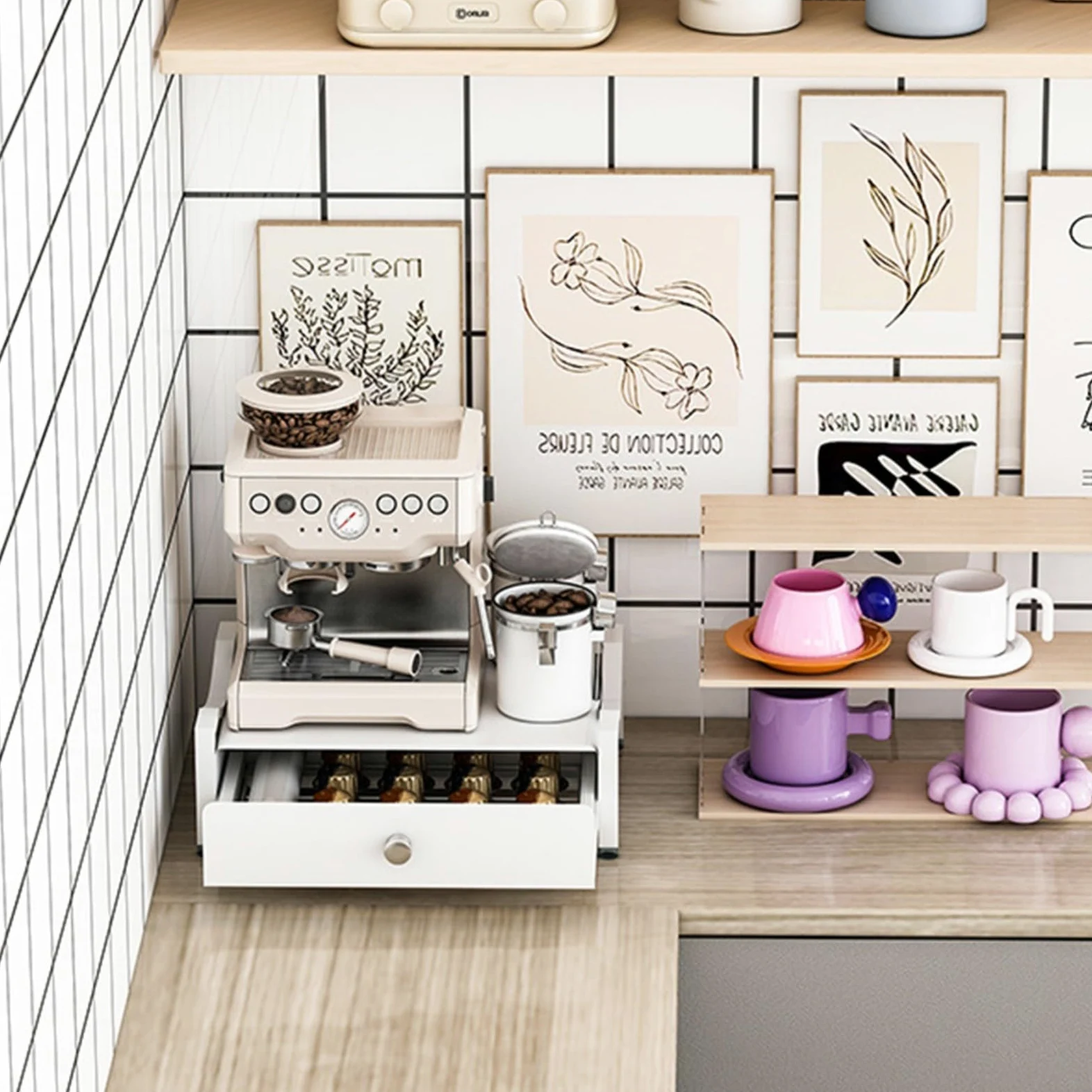 Soporte resistente para máquina de café de acero al carbono con cajón deslizante para almacenamiento de cápsulas y accesorios, organizador de cocina (S)