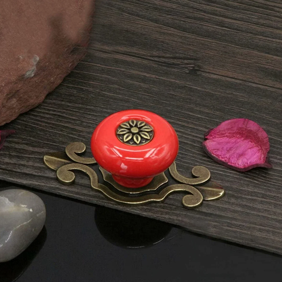 Pomos de cerámica amarillos con placa de bronce, estilo retro para muebles