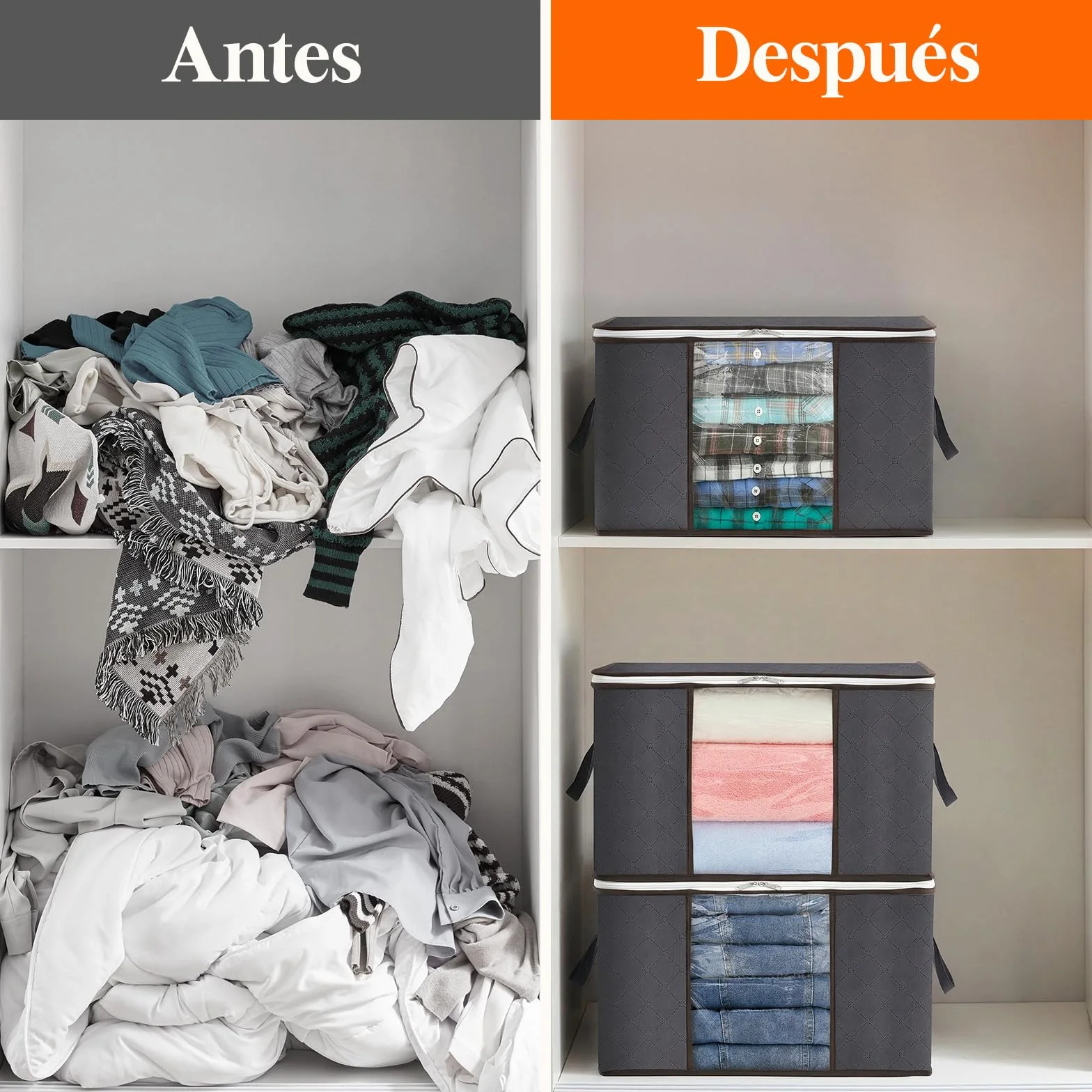 Lifewit Cajas Almacenaje Ropa, Bolsa Almacenaje Ropa, Organizador Armario Plegable, Caja Bajo Cama para Guardar Mantas, Edredones, Gris, 50 L, 4 Piezas