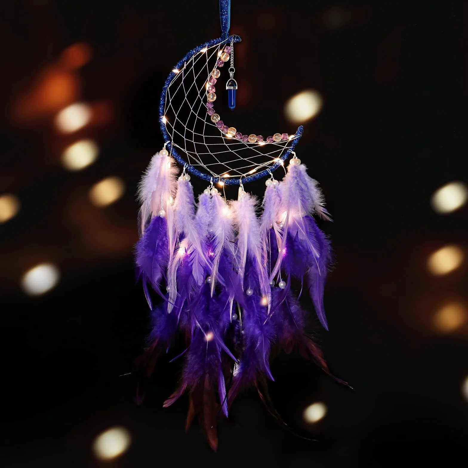 Dremisland Luna Atrapasueños Luces con Colores Plumas Hecho a Mano Dream Catcher Turquesa Colgar en la Pared Adorno para Niños Hogar Dormitorio Decoración de Pared Regalo Artesanal (Puro púrpura)