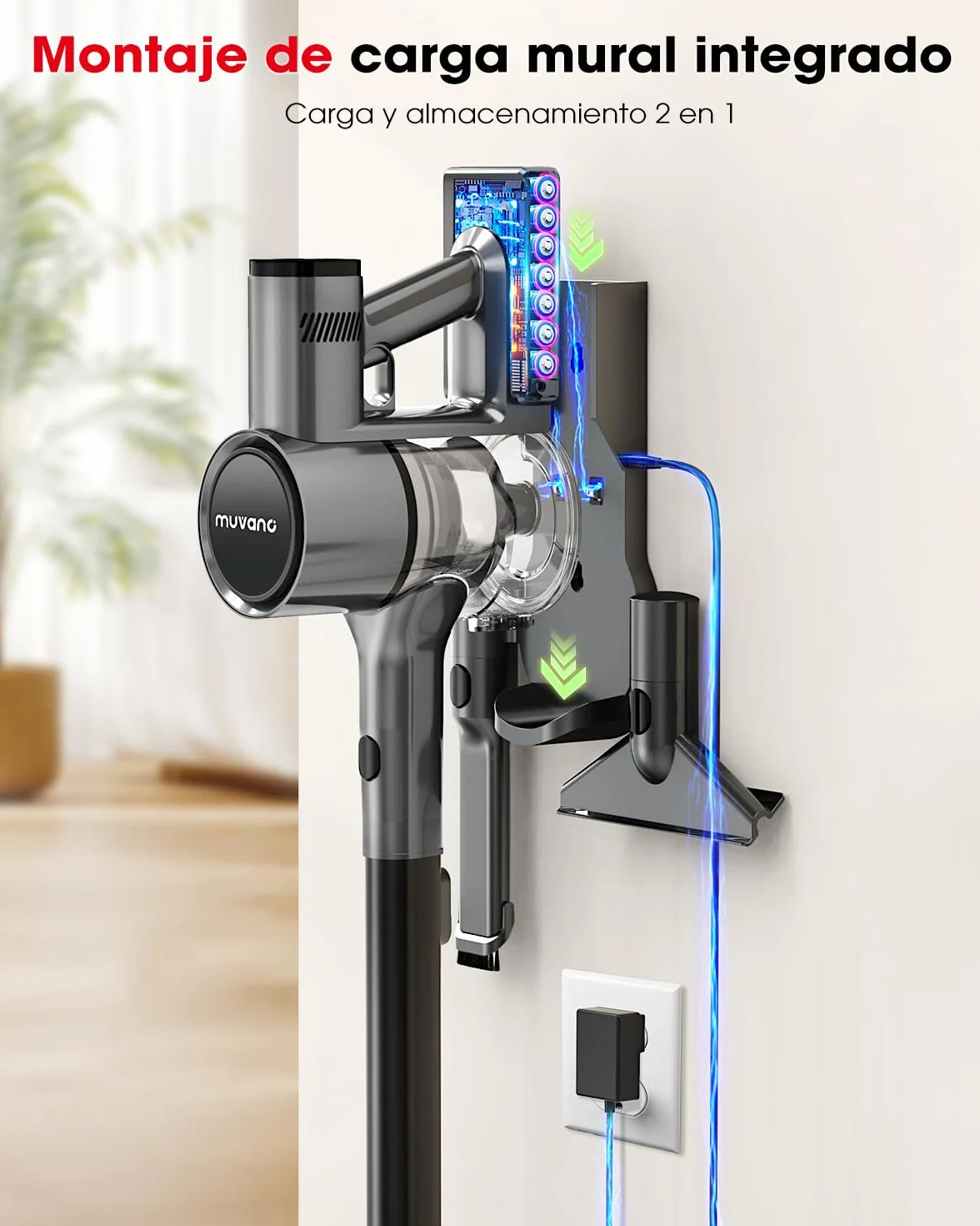 Aspiradora sin Cable Potente Succión de 45 kPa 500W Hasta 60 Minutos de Autonomía Resistente a Enredos Aspiradora Escoba Recargable con Soporte de pared para Pelo de Mascotas y Suelos de Madera
