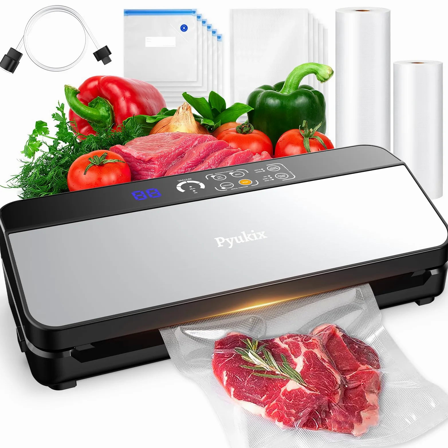 Envasadora al Vacio, 80KPA Domestica 8-EN-1 Maquina Envasar al Vacío Profesional Modos de Alimentos Seco y húmedos, 2 con bolsa enrollable 11 bolsas de vacío y cortador integrad