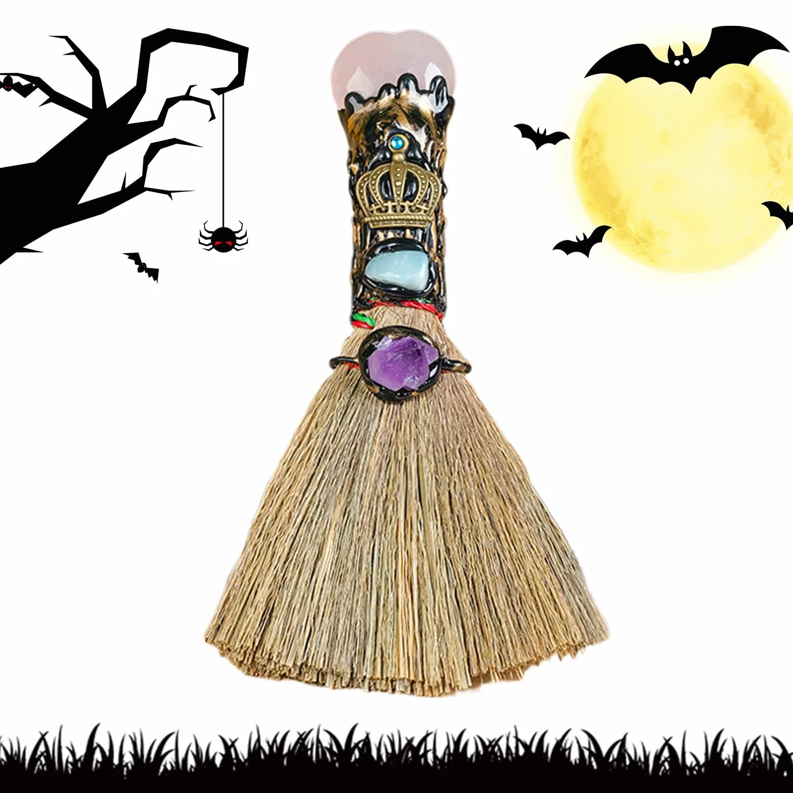 Escoba de altar de bruja | Escoba de bruja en forma de corazón de cristal para altar | Escoba de bruja para decoración del hogar, adornos curativos de Fengshui para el hogar, coche, oficinas, altar