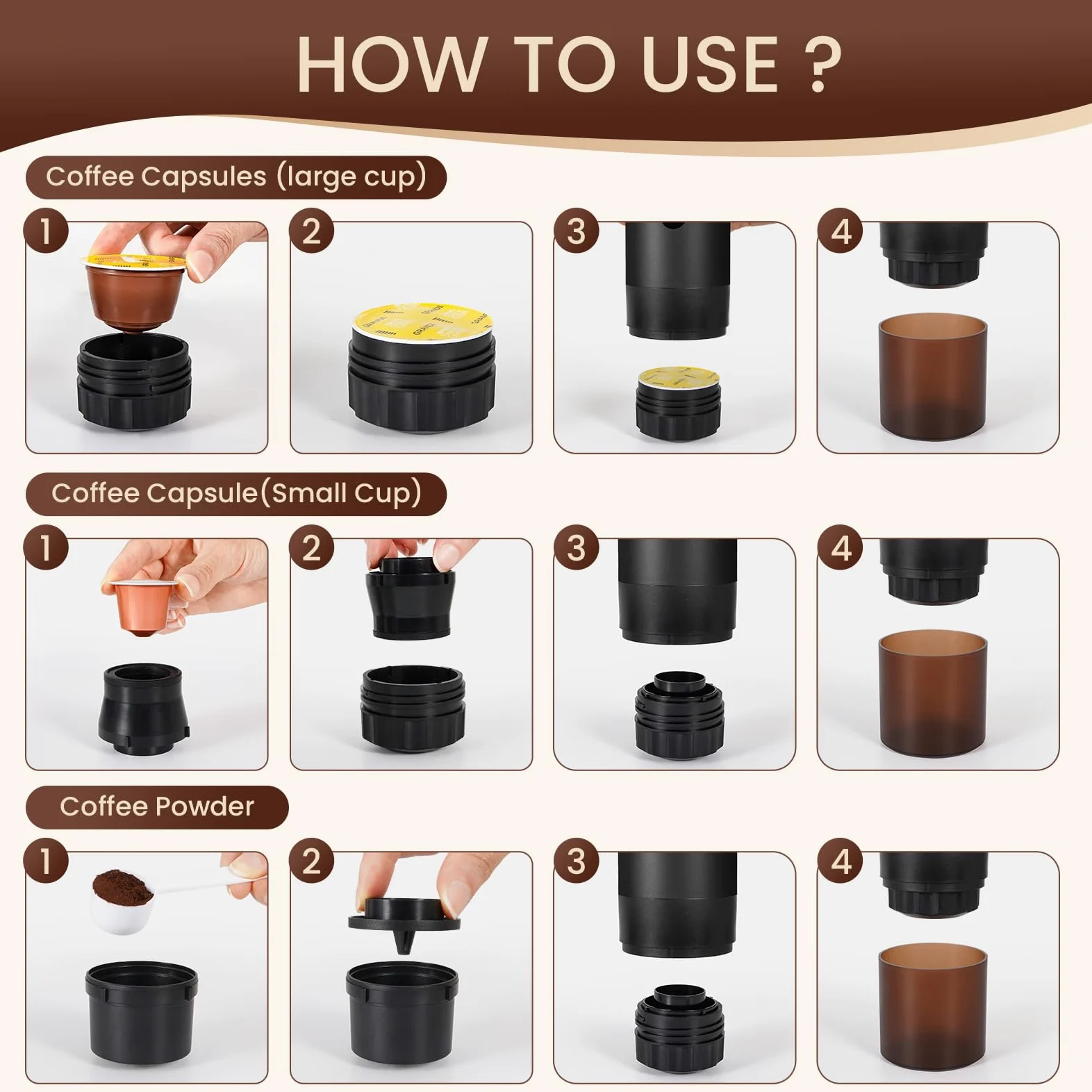 LAMA Cafetera de viaje espresso, autocalentable, portátil 3 en 1, nano cafetera de coche para cápsulas grandes, cápsulas pequeñas, café molido, 7800 mAh, cafetera espresso para senderismo, camping
